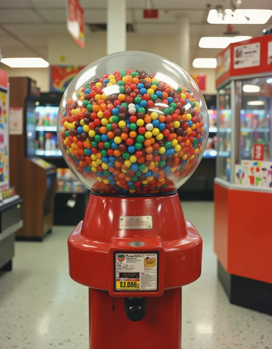 retr0grade90s A gumball dispencer at the grocery store.<lora:General Flux\retrograde-90s-000015.safetensors:0.9500000000000001:1.0>