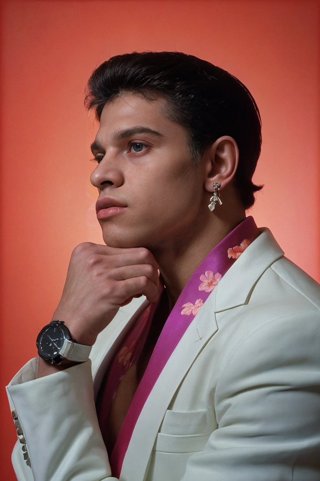 shot-by-Robert-Mapplethorpe, (side portrait:0.25), <lora:sc_glenn_v2_epoch_7:0.8> male sc_glenn wearing a high-fashion haute couture suit, watch, editorial, stud-earring, <lora:COLT_Style:0.35> colth, simple floral abstract background BREAK raw_photo photograph film_still cinematic fashion_photo, detailed skin_texture shot on film vibrant_colors neon_theme photo_grain 3600_iso cinestill  BREAK dramatic shadows