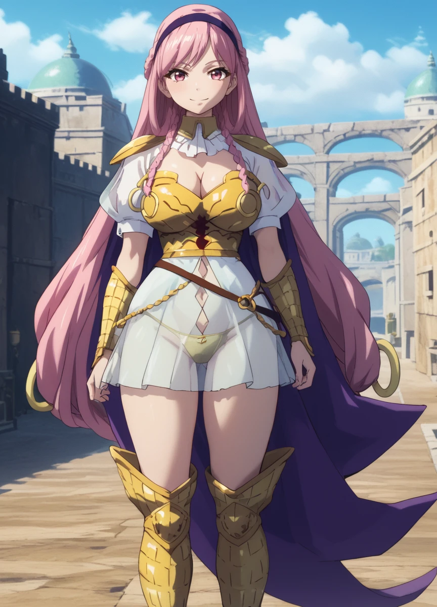 elise, mature woman, 25 yo, anime cels style, 1girl, beautiful face, long hair, blush, lipstick, Hot girl, baddie, staring, glaring, bad attitude, mean girl, dare, angry, hate, crazy, smoking, sensual, attractive,masterpiece, best quality, highly detailed, fantasy , a anime girls in armored dress holding a sword
posing for a picture, evil smile, smile, open mouth, breastplate with open cleavage, cleavage, warrior
outfit, ecchi anime style, anime girls, ecchi style, (nsfw) not safe for work, ecchi, digital anime art!!, in
anime style, official artwork, visual novel cg, beautiful anime girl, anime style 4 k , loincloth, exposed
belly, exposed navel, exposed midriff, exposed lower belly, pencil skirt armored, castle,inside castle,