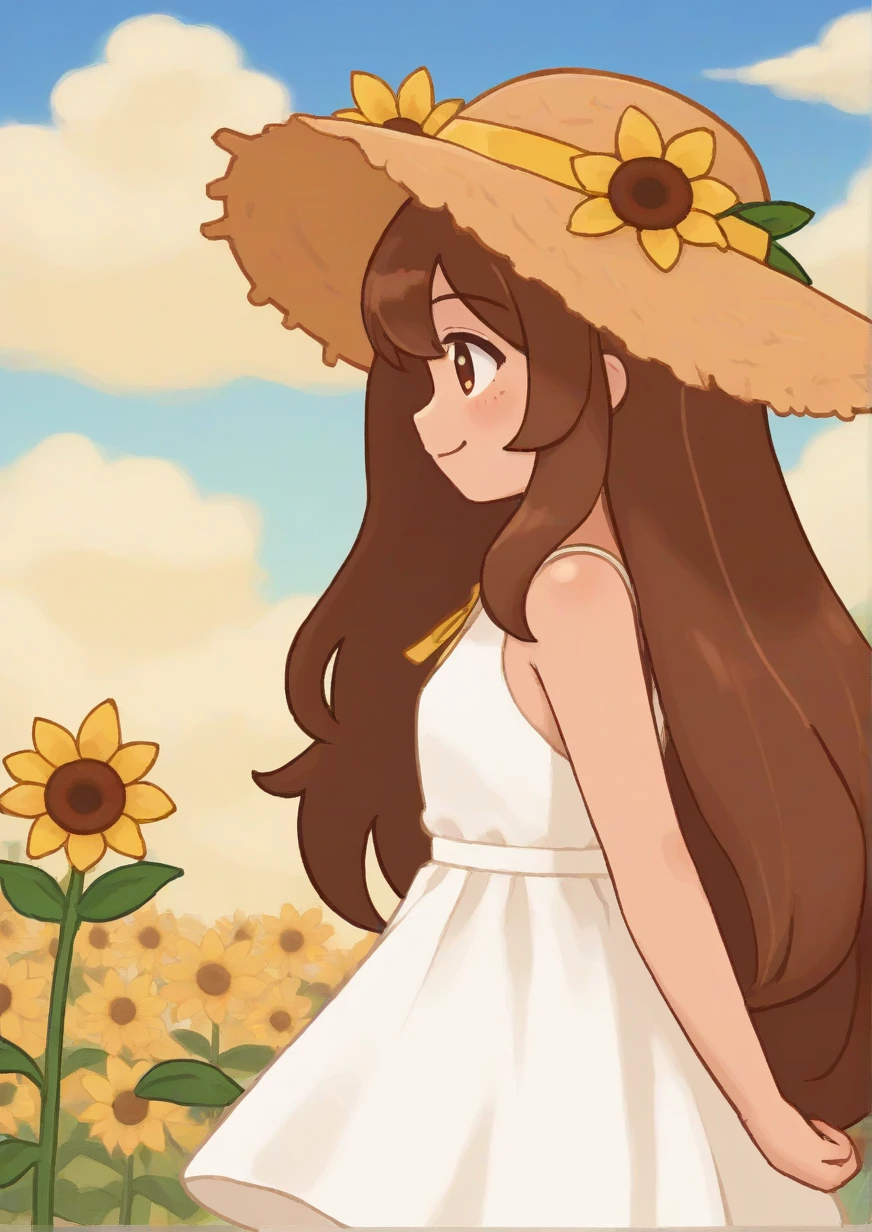 1girl,blue sky, brown hair, closed mouth, cloud, dress, flower, hat, long hair, mole, outdoors, profile, sky, sleeveless, sleeveless dress, smile, solo, straw hat, sun hat, sundress, sunflower, white dress, yellow flower <lora:Pangotime:1>, Pangotime