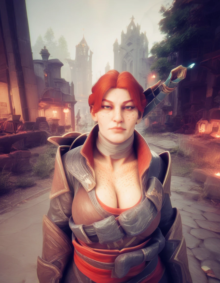 close up of a red haired elf singing in a tavern, MEDIEVAL STYLE,high fantasy RPG style, League of Legends-inspired art style, dynamic poses, detailed facial features, cinematic lighting, vibrant colors, dramatic atmosphere, gritty realism, masterpiece, best quality, ultra-detailed, VALORANT