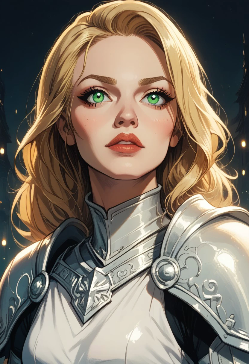 score_9, score_8_up, score_7_up, BREAK, 1woman portrait, dramatic lights ((human, mage, wizzard, soreceress, green eyes, blonde hair, white robe, white toga, white armor, armor))