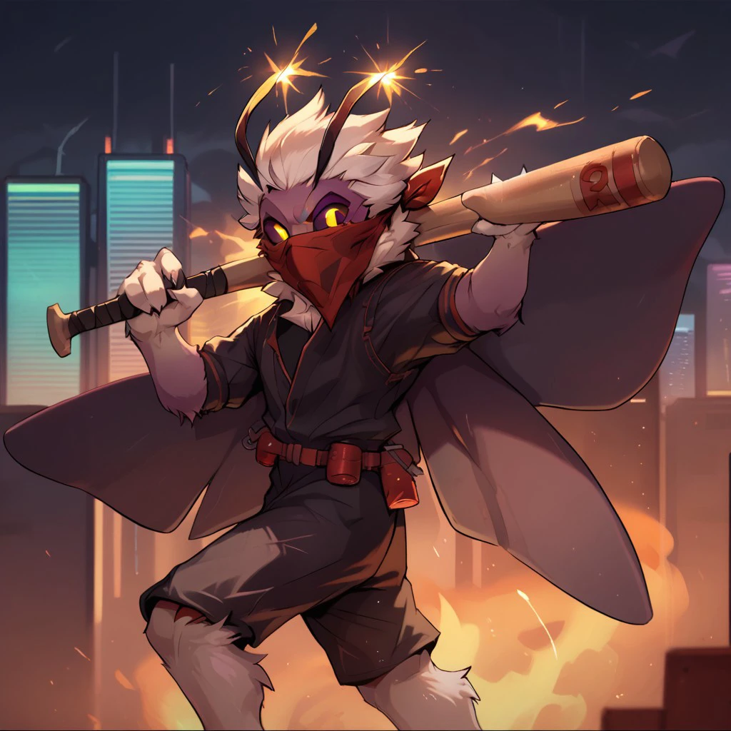 score_9_up, score_8_up, score_7_up, mollo, 1boy, moth, insect, grey fur, white hair, black sclera, andromorph, antenna, solo, furry, moth wings, insect legs, black clothing, red bandana, glowing eyes, yellow eyes, lit antenna, holding baseball bat, detailed background, burning city, cyberpunk, sci-fi background