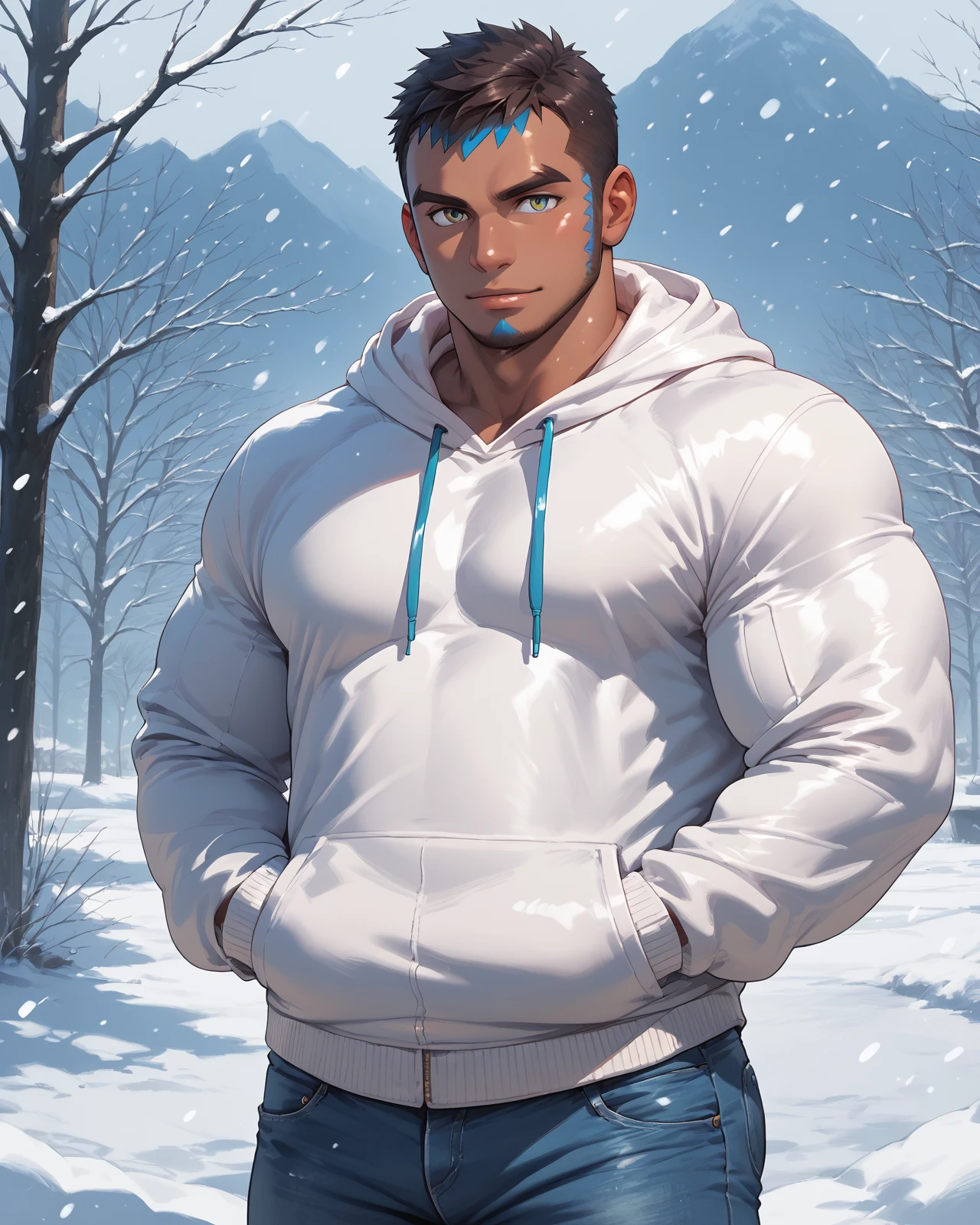 <lora:Matt_Pony_XL:0.95> aqua_admin_matt, short hair, looking at viewer, muscular, bara, face paint, jeans, hoodie, chubby, outdoor, snowing, tan, score_9, score_8_up, score_7_up, score_6_up,