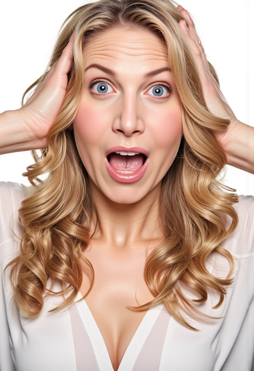 Emily, a distressed young woman with clear blue eyes and tears running down her cheeks, is screaming in fear. She has long, blonde hair styled in a casual, tousled look with natural waves and a healthy shine. She is dressed in a summer tank top. She is surrounded by financial documents and a calculator, with her head thrown back in anguish. The background is dark, with red warning symbols indicating financial trouble.
