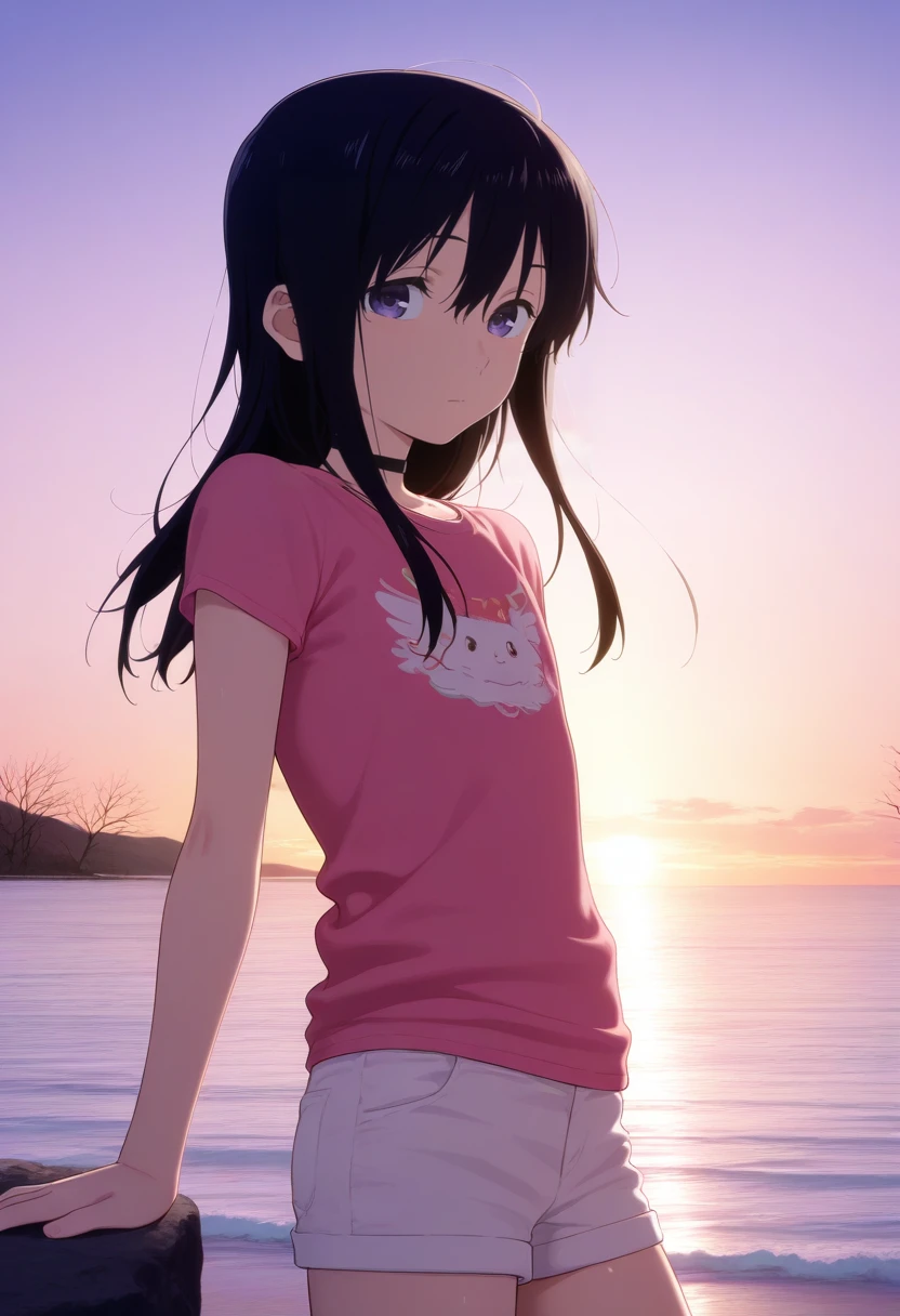 1girl, ueno naoka, child, long hair, black hair, bangs, purple eyes, hair between eyes, flat chest, <lora:Ueno_Naoka2-06:1>, pink shirt, short sleeves, white shorts, print shirt, looking at viewer, solo, black choker, cowboy shot, arm support, backlighting, bare tree, bokeh, cloud, dark, depth of field, film grain, hill, horizon, looking to the side, ocean, outdoors, scenery, sky, sunset, water, wind, volumetric lighting, shiny skin, humid skin, BREAK, best quality, amazing quality, highres, absurdres, very aesthetic, high resolution, ultra detailed, perfect details <lora:nyalia:0.4>