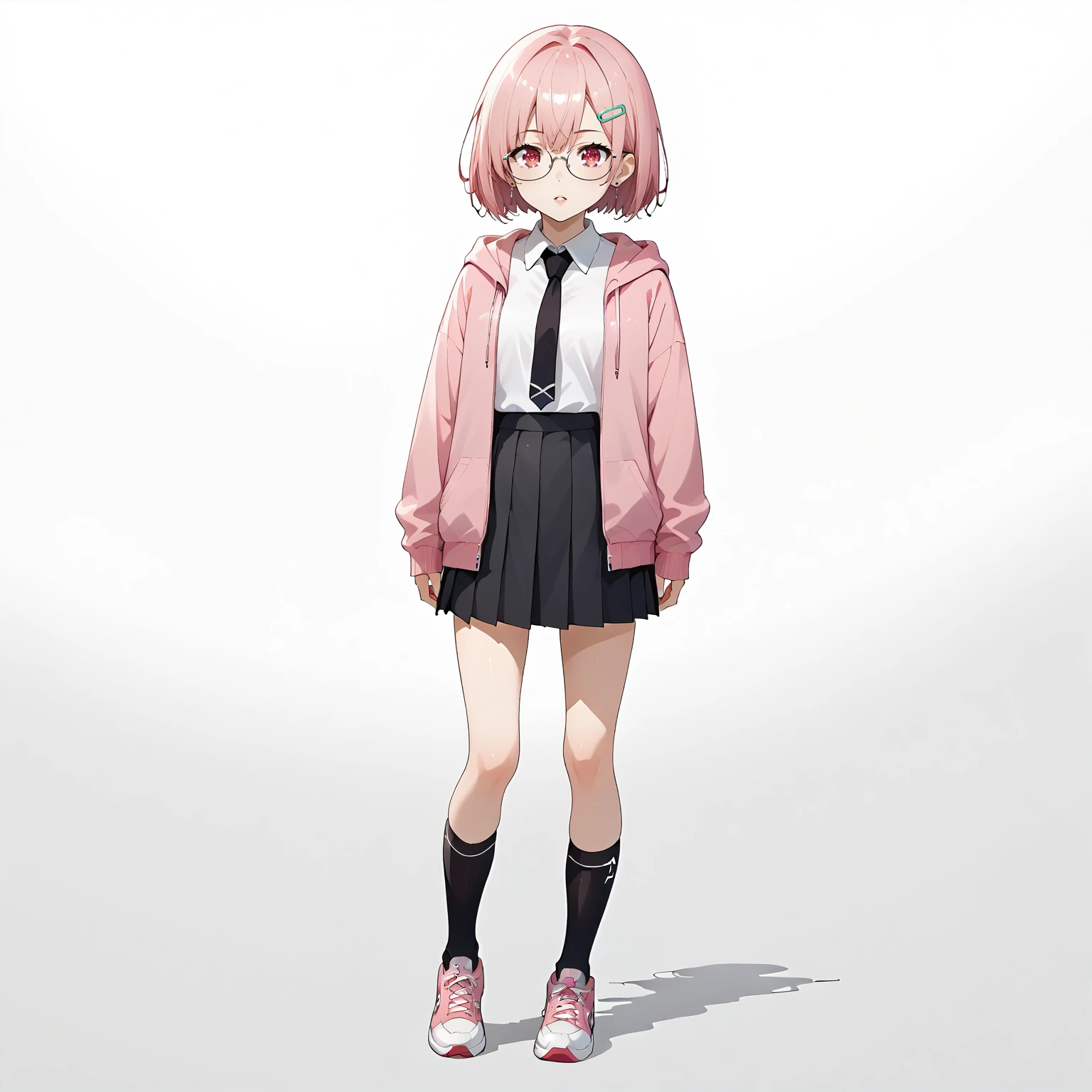 <lora:OCC_AkaneXLpony005:0.8>,
white background,
parted lips,
solo,
Akane,1girl,pink hair,bob cut,hairclip,red eyes,
glasses,earrings,
pink hoodie jacket,wing collar,white shirt,black necktie,
pleated_skirt,black skirt,
black socks,
sneakers,
full body,standing,