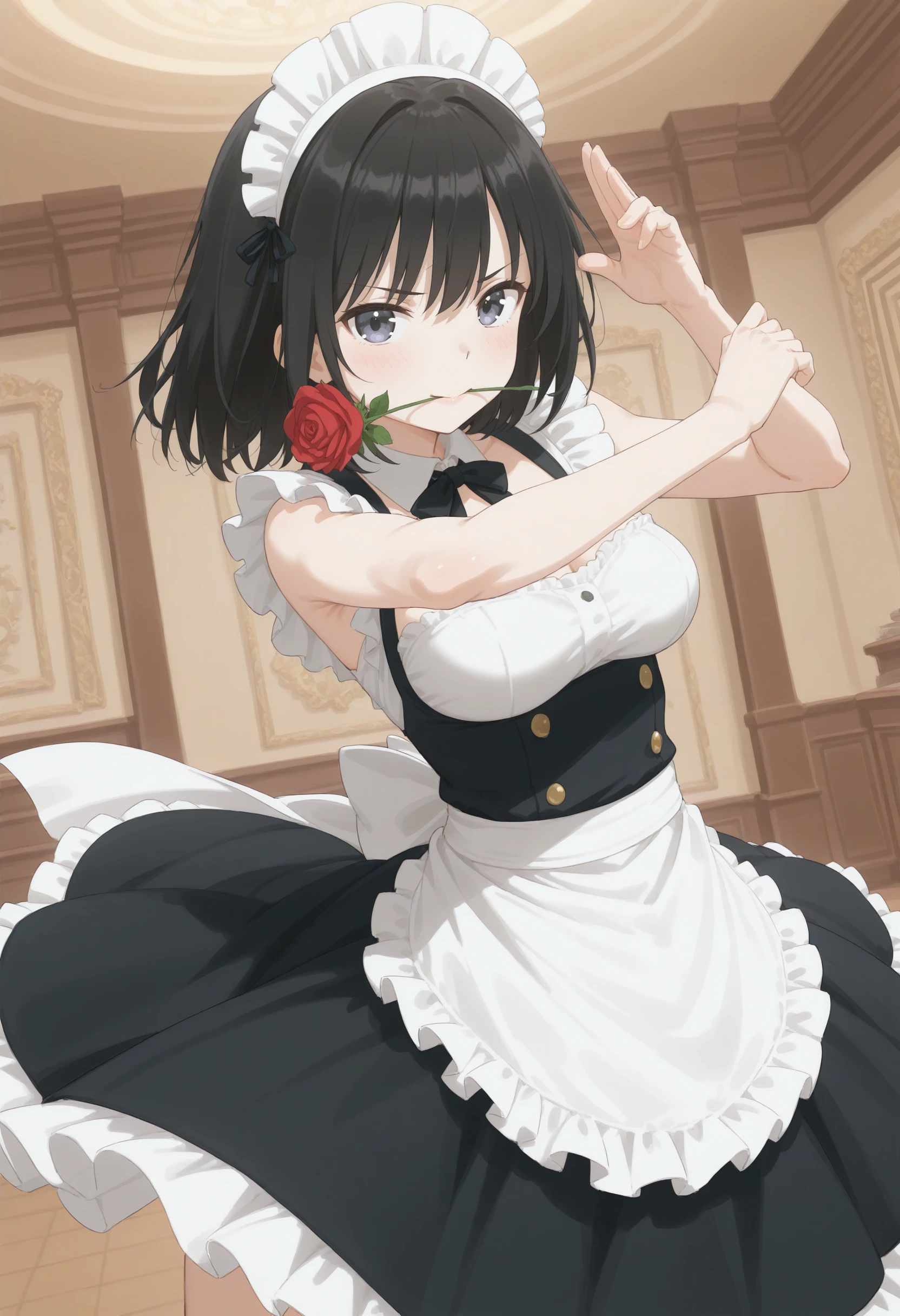 1girl,(sho \(sho lwlw\):0.7),(toosaka asagi:0.5),(sincos:0.3),solo,
masterpiece,best quality,absurdres,detailed skin,anime colored,anime screencap,official art,
maid, maid headdress,medium breasts,
rose in mouth, mouth hold, flower in mouth, red rose, dancing, dynamic pose, <lora:roseinmouth_Illust_v1:0.8>
dutch angle, wide shot, looking at viewer, black hair, white eyes,serious, in romanesque architecture streets, shiny hair,