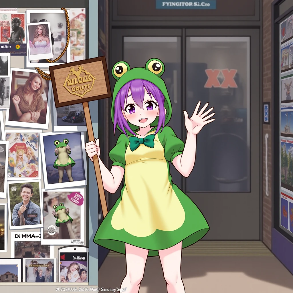 realistic, 
a woman standing outside of a store.
a woman awkwardly holding a sign outside of a shop to attract attention,
1girl, mature female, bimbo, purple hair, purple eyes, green frog dress costume,  hood, smile, 
cowboy shot,  
medium breasts, thighs together, waving, holding sign, 
the sign on the wall of the shop says "SIMULACRUM",
it's a dvd store full of pictures, rolled up posters, magazines, and a door with beads that says "XXX" above it.
she is holding a wooden stick with a large sign that says  "SIMULACRUM V38 MIX"