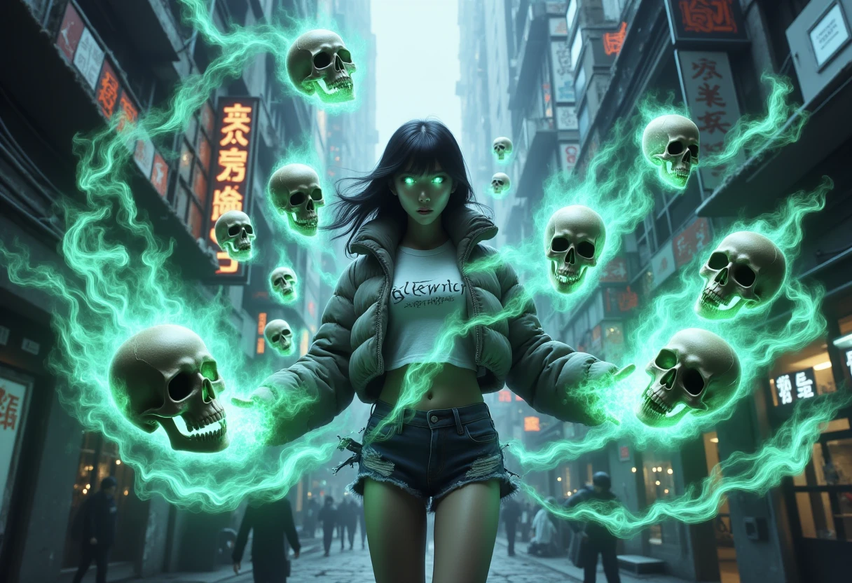 skelewitch, a beautiful Asian girl, wearing puffy jacket over croptop with text:"Skelewitch", denim shorts, radiant glowing eyes, surrounded by swirling vortex of green and blue flame-formed skulls and skeletons, amidst ethereal aura, pulsing energy flow, and turbulent wind whispers. Against backdrop of foggy cyberpunk metropolis filled with densely packed East asian architecture buildings, their walls lined with rusted metal and exposed wires, as neon signs flicker ominously above crowded streets where shadowy figures hurry through the cold, mechanical atmosphere.