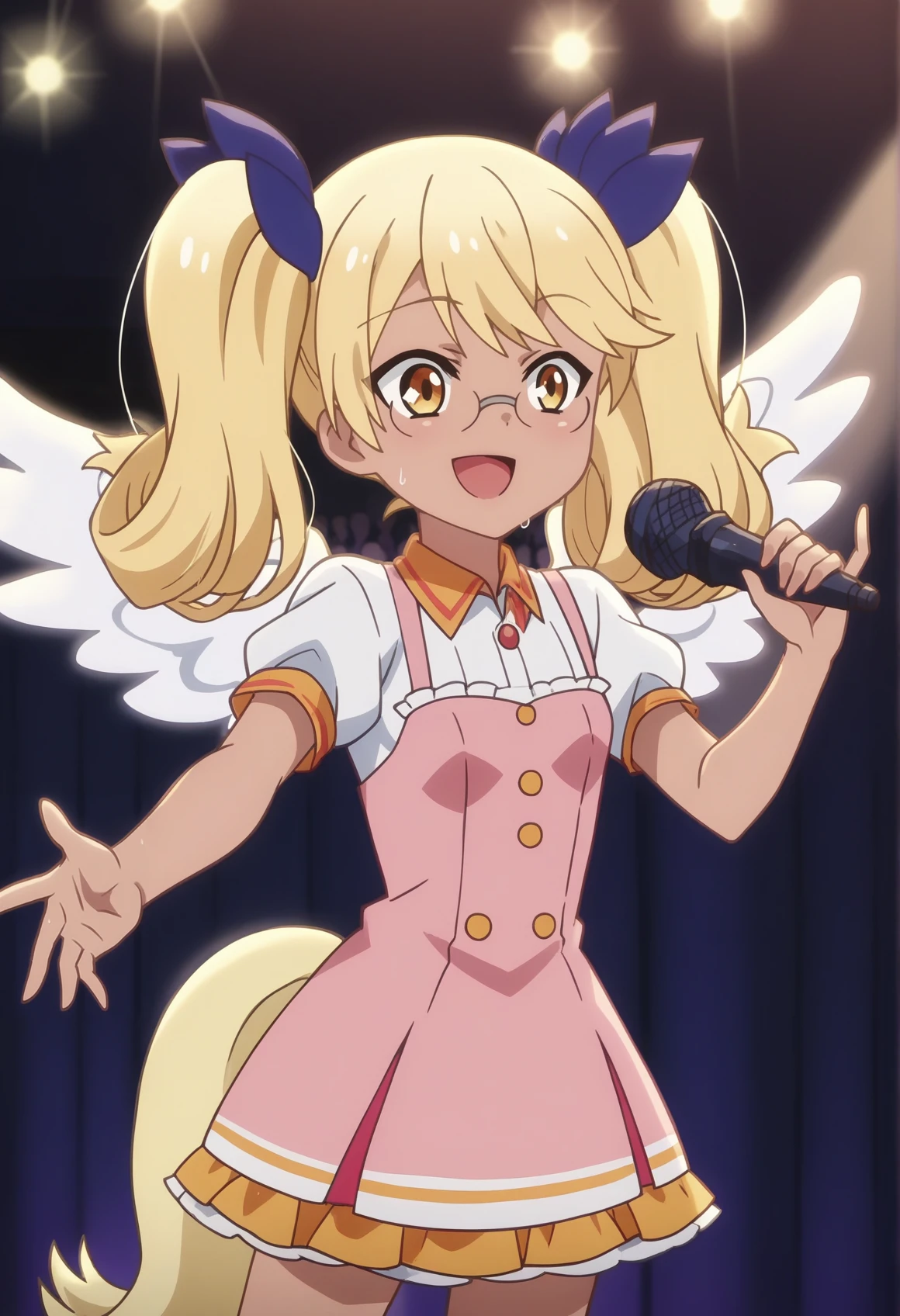 1girl, dark skin, blonde hair, twintails, hair ribbon, glasses, yellow eyes, tail, idol, stage, stage lights, short dress, pink dress, frills, angel wings, holding microphone, sweat, singing, audience, glowsticks, smile, open mouth, reaching towards viewer, anime screencap <lora:Show_By_Rock_Retoree:0.8>, score_9, score_8_up, score_7_up, score_6_up, score_5_up, score_4_up, BREAK source_anime, masterpiece