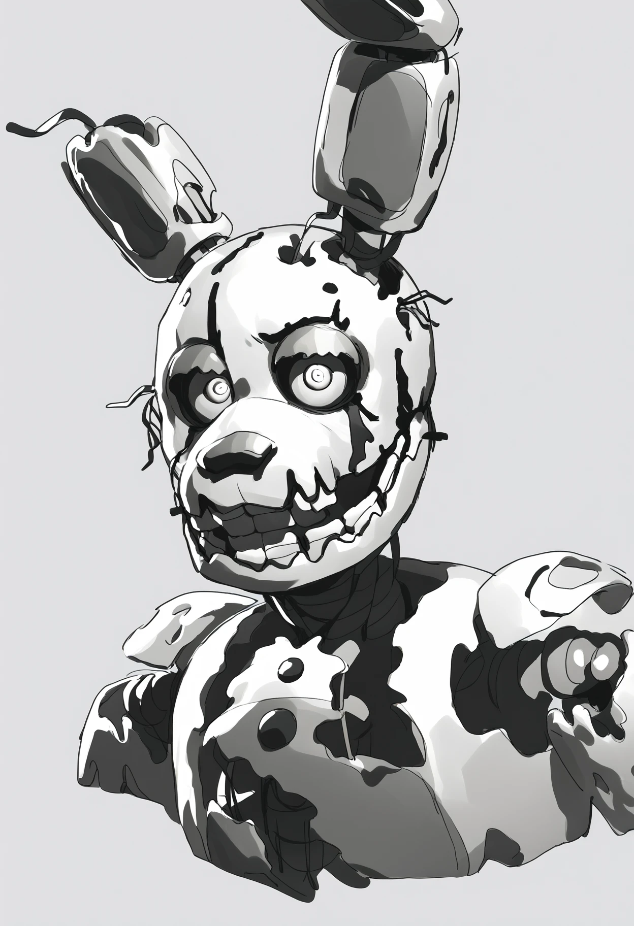 masterpiece, official art, 4k, best quality, high quality, 8k, (contrast), {{{vibrant}}}, ((ultra-detailed)), finely detail, Depth of field, (bloom), ray tracing, 1girl, solo, ominous, scary, (animatronic, female withbonnie:1.2), red glowing eyes, loose wires, amputated left arm, wires, horror (theme), no humans, teeth, rabbit ears, animal ears, blood, robot, bowtie, bow, (small breasts, thick thighs, extra wide hips:1.4), (nude, nipples, navel, pussy:1.3), concrete room, pipes, ventilation, dusty atmosphere, dark room, highres, realistic shadows, black fog, red lens flare, scrap on floor, night time, oil stains,