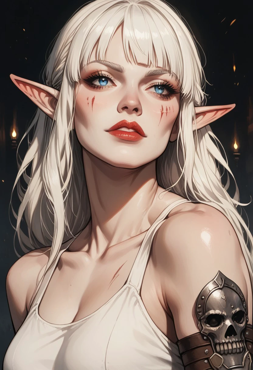 score_9, score_8_up, score_7_up, BREAK, 1girl, mature and imposing, 30 years old, portrait, beautiful, Elf shaman dramatic lights, white hair, (long hair:1.3), side bangs, barbarian, gladiator, war paint, white skin, white colored skin, albino, albino skin, muscular, athletic, scars, (smug:0.85), medium brests, blue eyes