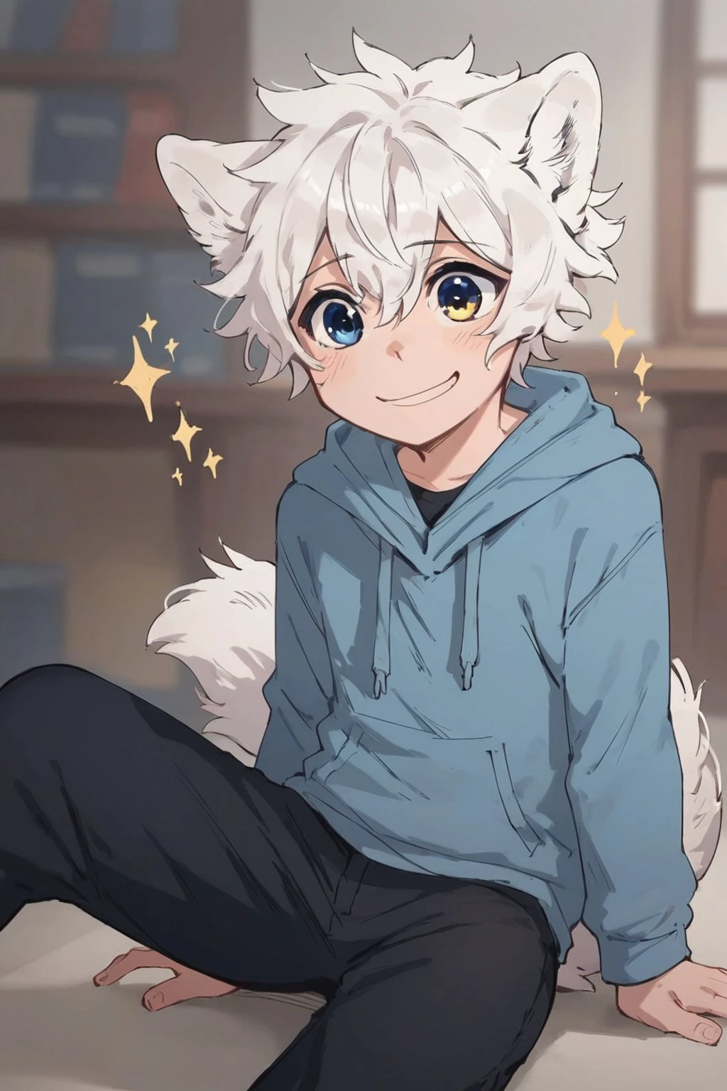 score_9, score_8_up, score_7_up, Smooth Boys Style, cartoon, 1boy, young, solo, male focus, Lumine, wolf boy, wolf's ears, white hair, messy hair, heterochromia, blue eyes, wolf's tail, blue hoodie, hood, black pants, wide smile, sparkles, Expressive, in room, indoors, <lora:add-detail-xl:0.8>, <lora:NAI3 Smooth Boys Style LoRA_Pony XL v6:0.8>, <lora:Expressive_H:0.8>, <lora:Lumine_Human:0.8>,