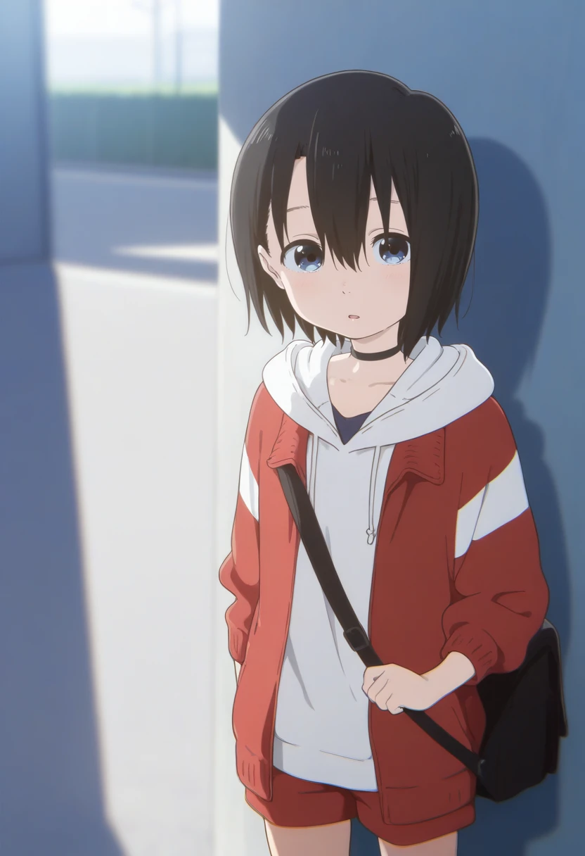 1girl, nishimiya yuzuru, child, tomboy, blue eyes, short hair, black hair, flat chest, <lora:Nishimiya_Yuzuru2-04:1>, white hoodie, red jacket, bag, open jacket, red shorts, looking at viewer, solo, black choker, cowboy shot, blush, chromatic aberration, full body, open mouth, outdoors, shadow, standing, volumetric lighting, shiny skin, humid skin, BREAK, best quality, amazing quality, highres, absurdres, very aesthetic, high resolution, ultra detailed, perfect details <lora:nyalia:0.4>