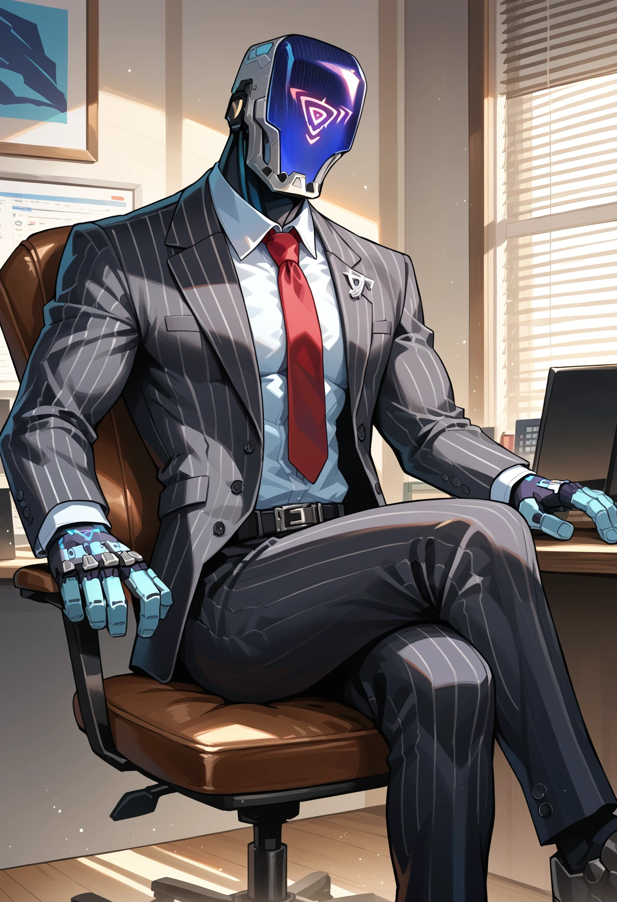 zPDXL3, score_9, score_8_up, score_7_up, (detailed face, detailed body, detailed background, perfect anatomy, masterpiece, high quality, best quality), indoors, rating_safe, source_anime, line art BREAK office, (suit, red tie:1.5), desk, sitting on chair, computer, crossed legs, looking at viewer, male focus, kayo_valorant, robot, muscular, broad shoulders <lora:detailed_notrigger:1> <lora:hand 4:1> <lora:KAYO_Valorant_V1:0.8>  <lora:seaart-quality-v1:0.75>