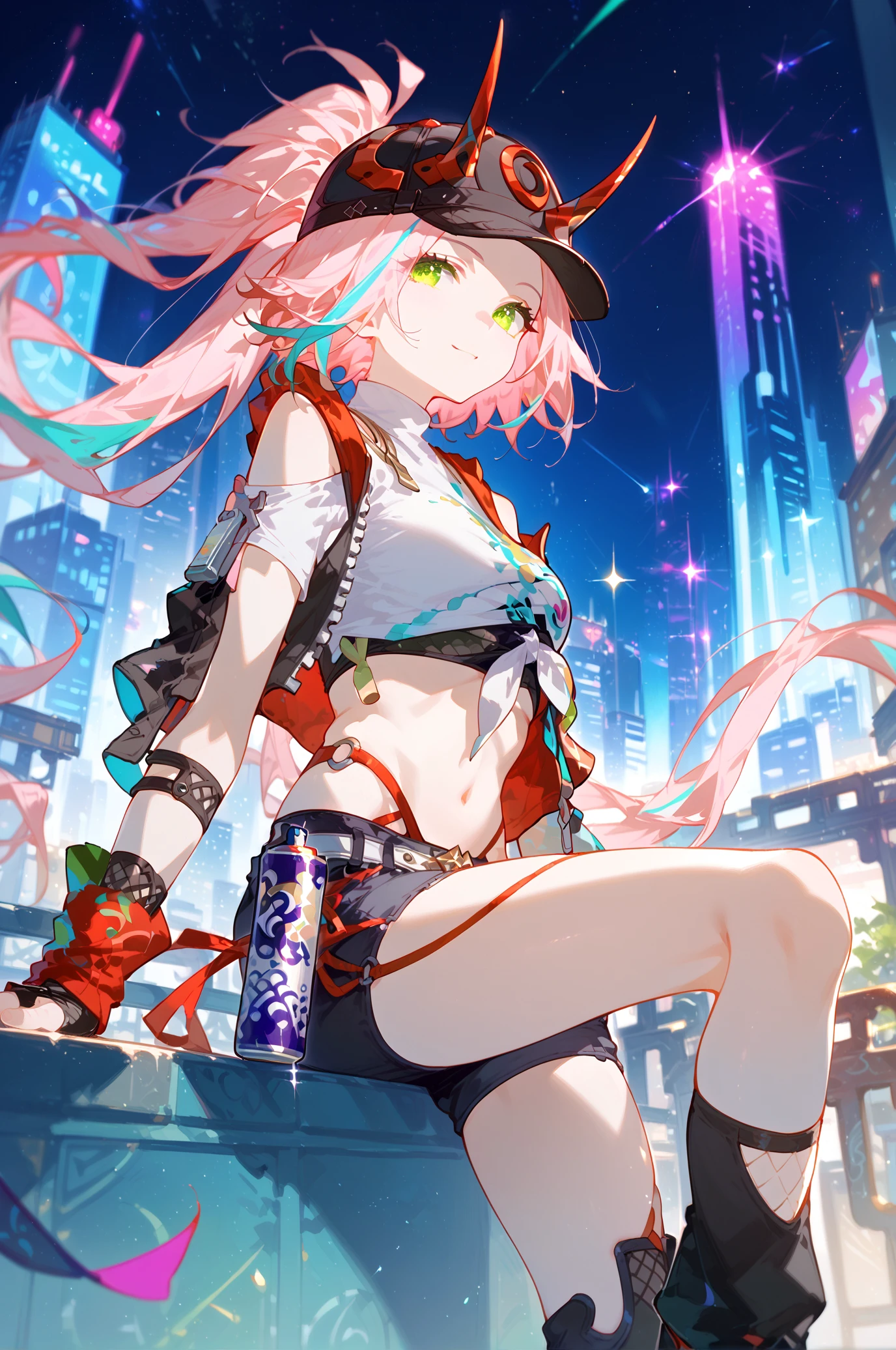 score_8_up,score_7_up,score_6_up,source_anime,best quality,city,night,panorama,a_mature_female,adult,slim slender figure,(slim legs),medium breasts,cowboy shot,
<lora:rappa_pony-000012:1>,rap,pink hair,streaked hair,ponytail,bangs,very long hair,green eyes,hat,fake horns,jacket,midriff,open jacket,shoulder cutout,asymmetrical_sleeves,tied shirt,Short sleeve shirt,navel,shorts,fingerless gloves,asymmetrical legwear,black footwear,toeless footwear,glowing red ribbon,pigment,[spray can],<lora:neg4all_bdsqlsz_xl_V91:1>,