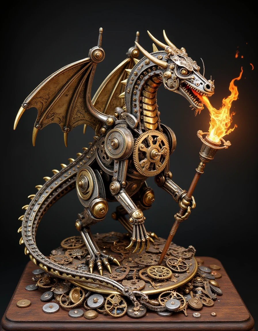 a clockwork dragon setting on a treasure horde, breathing fire to metal a clockwork knight,  internal gears, inside, cogs and wheels, <lora:mechanica_v42_rank32_bf16-step00456:1>, clckwrk