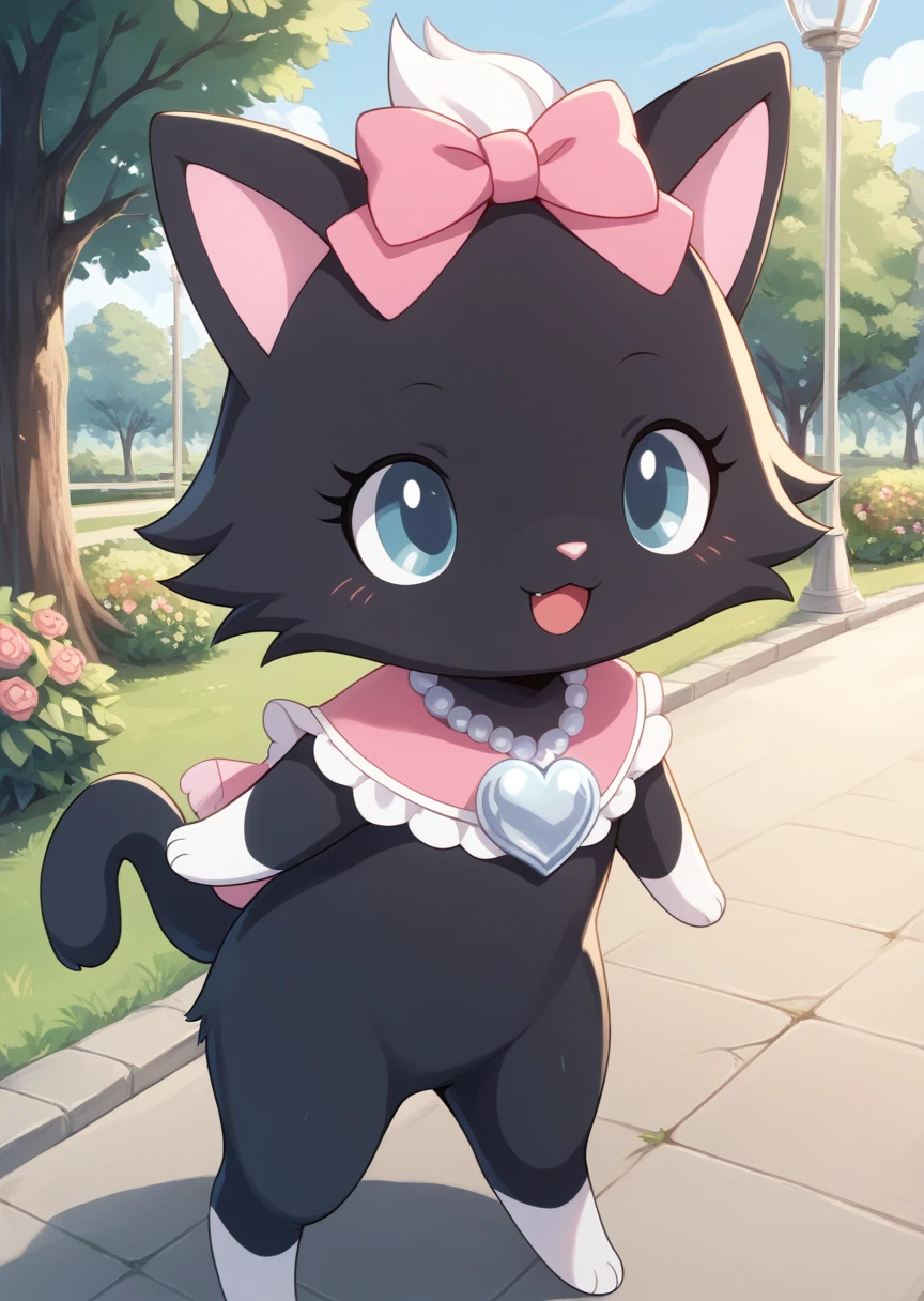 score_9, score_8_up, score_7_up, score_6_up, score_5_up, BREAK
di4na, anthro, female, jewelpet, solo, open mouth, smile, bow, hair bow, heart, no humans, :3, park, pink bow, standing, furry