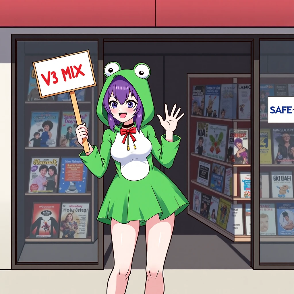 realistic, 
a woman standing outside of a store with two obvious doors.
one door says XXX over the top on a sign, the other door says "SAFE-er" above it on it's sign.
a woman awkwardly holding a sign outside of a shop to attract attention,
1girl, mature female, bimbo, purple hair, purple eyes, green frog dress costume,  hood, smile, 
cowboy shot,  
medium breasts, thighs together, waving, holding sign, 
the sign on the wall of the shop says "SIMULACRUM",
it's a dvd store full of pictures, rolled up posters, magazines, and a door with beads that says "XXX" above it.
she is holding a wooden stick with a sign that says  "V38 MIX"