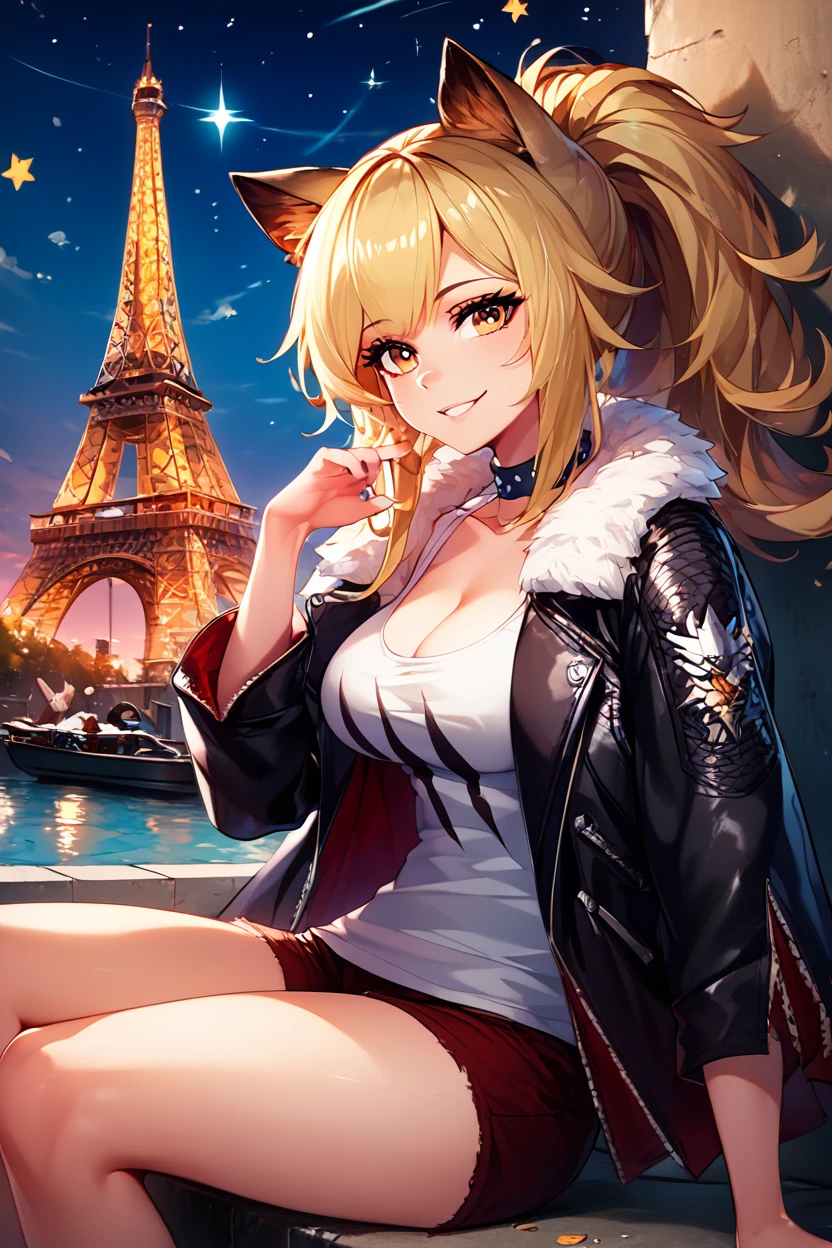 score_9, score_8_up, score_8, medium breasts, (curvy), cute, eyelashes,       ,,, , ,,,  zzSiege, blonde hair, cat ears, jacket, choker, large breasts, fur trim, black jacket, tank top, fur-trimmed jacket, black choker, cleavage,  <lora:Siege_Arknights_PDXL:1.0>,   ,,,, BREAK, zzEiffelTower in background, sitting, watercraft, boat, sitting on wall, side view, looking at viewer, smile, ,,, BREAK, blooming stars, luminescent petals, otherworldly fragrance blurry background, ,,, embedding:zPDXL, Expressiveh, ,,, <lora:EiffelTowerPDXL:0.8>, <lora:CatalystStylePDXL:0.6>, <lora:SDXLFaeTastic2400:0.5>, <lora:Expressive_H-000001:0.4>,