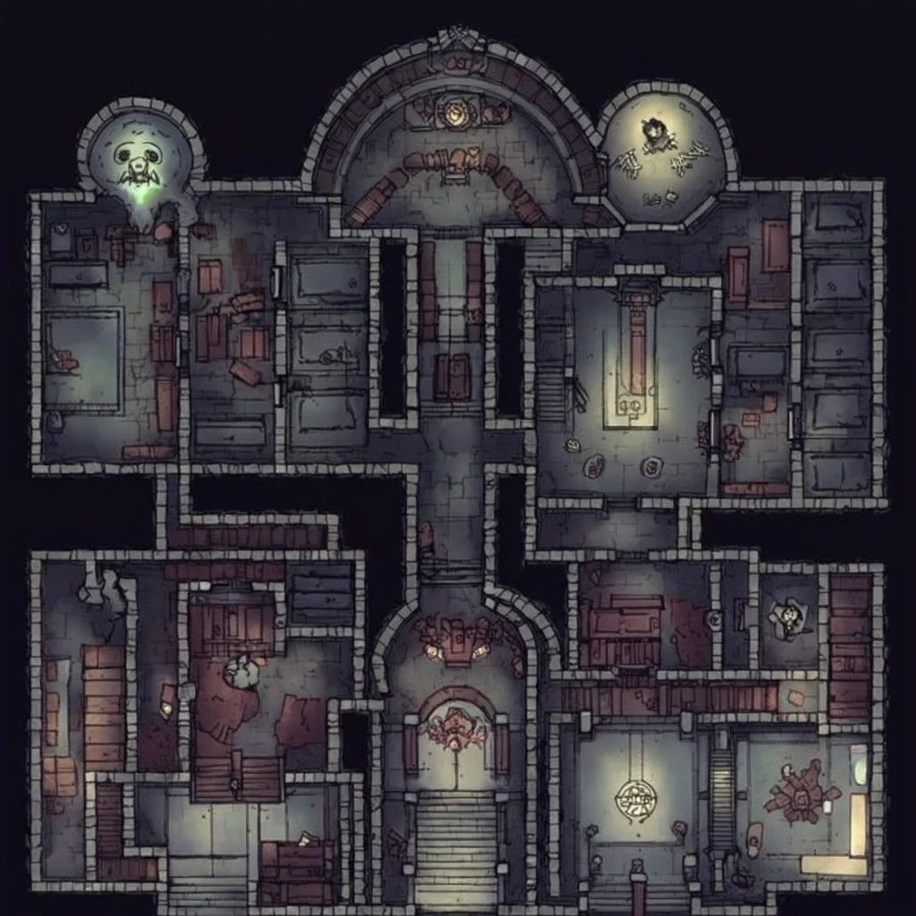 A sprawling mansion turned dungeon, complete with secret passages behind bookshelves, haunted rooms with ghost encounters, and a cursed attic.

