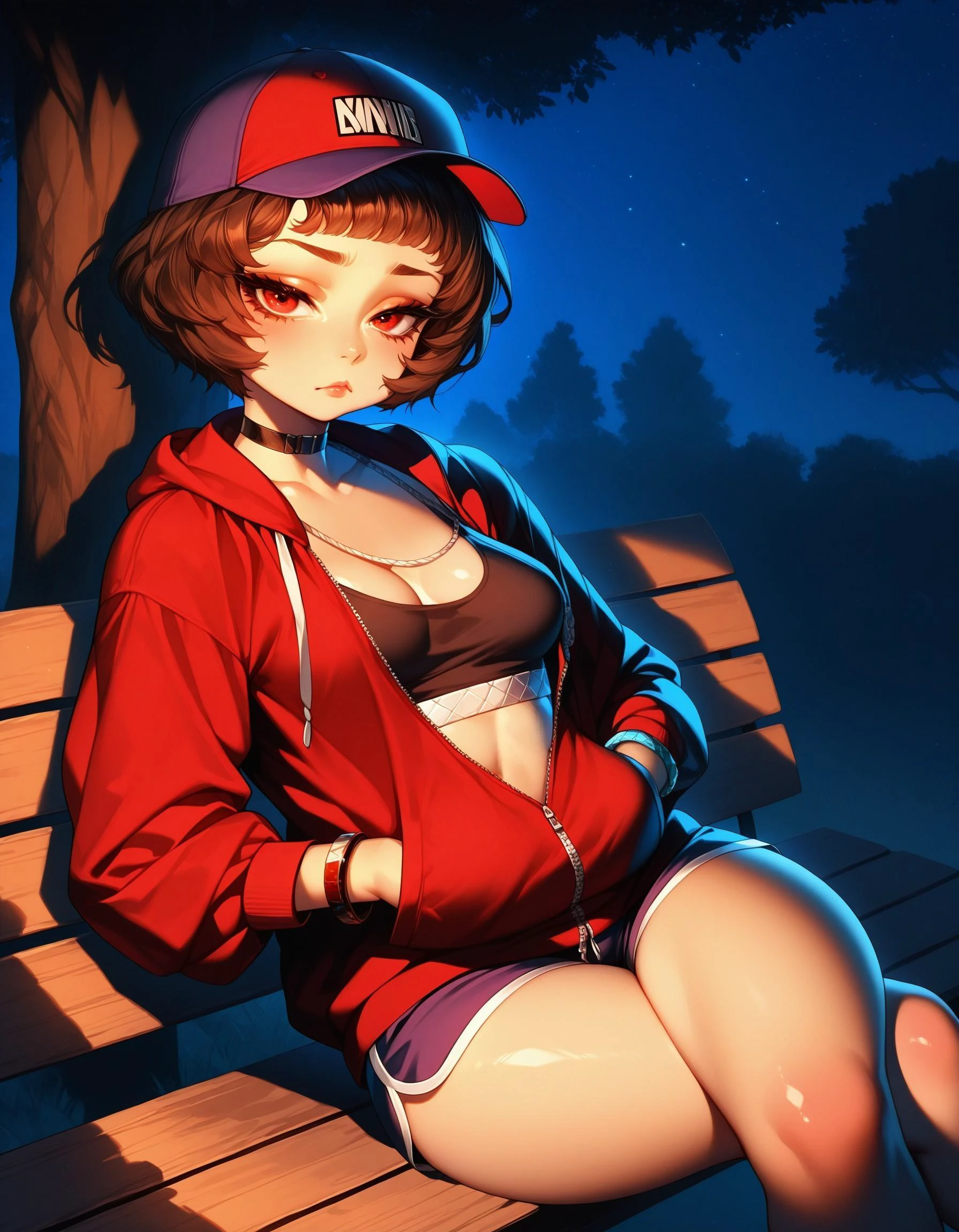 (masterpiece, detailed, best quality, amazing quality, 8k, very aesthetic, highres, absurdres, dramatic lighting), anime, gloss, outdoors, park, night, night sky, scenery,
BREAK
1girl, schndef, short hair, brown hair, red eyes, small breasts, baseball cap, oversized hoodie, tank top, dolphin shorts, black choker, bracelet, shadow, shade, sitting, bench, crossed legs, arms in pockets, closed mouth, looking at viewer, frown, wide hips, narrow waist,
<lora:r1999schneider-ill-ravenfoot-v1-CAME:1.0>