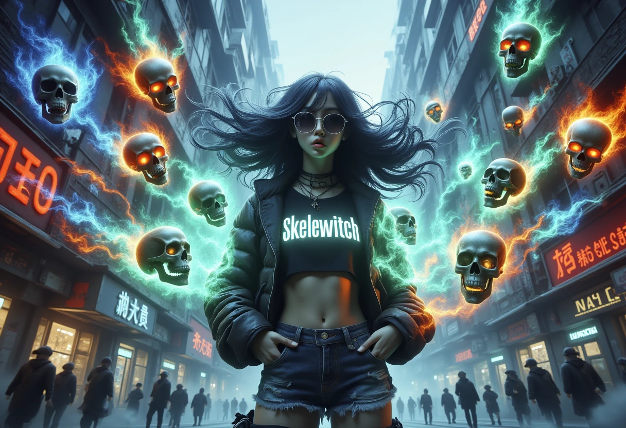 skelewitch, a beautiful Asian girl, wearing puffy jacket over croptop with text:"Skelewitch", she has long black floating wavy hair, wearing sunglasses, denim shorts, radiant glowing eyes, surrounded by swirling vortex of colorful flame-formed skulls and skeletons, hands in pockets, amidst ethereal aura, pulsing energy flow, and turbulent wind whispers. Against backdrop of foggy cyberpunk metropolis filled with densely packed East asian architecture buildings, their walls lined with rusted metal and exposed wires, as neon signs flicker ominously above crowded streets where shadowy figures hurry through the cold, mechanical atmosphere.