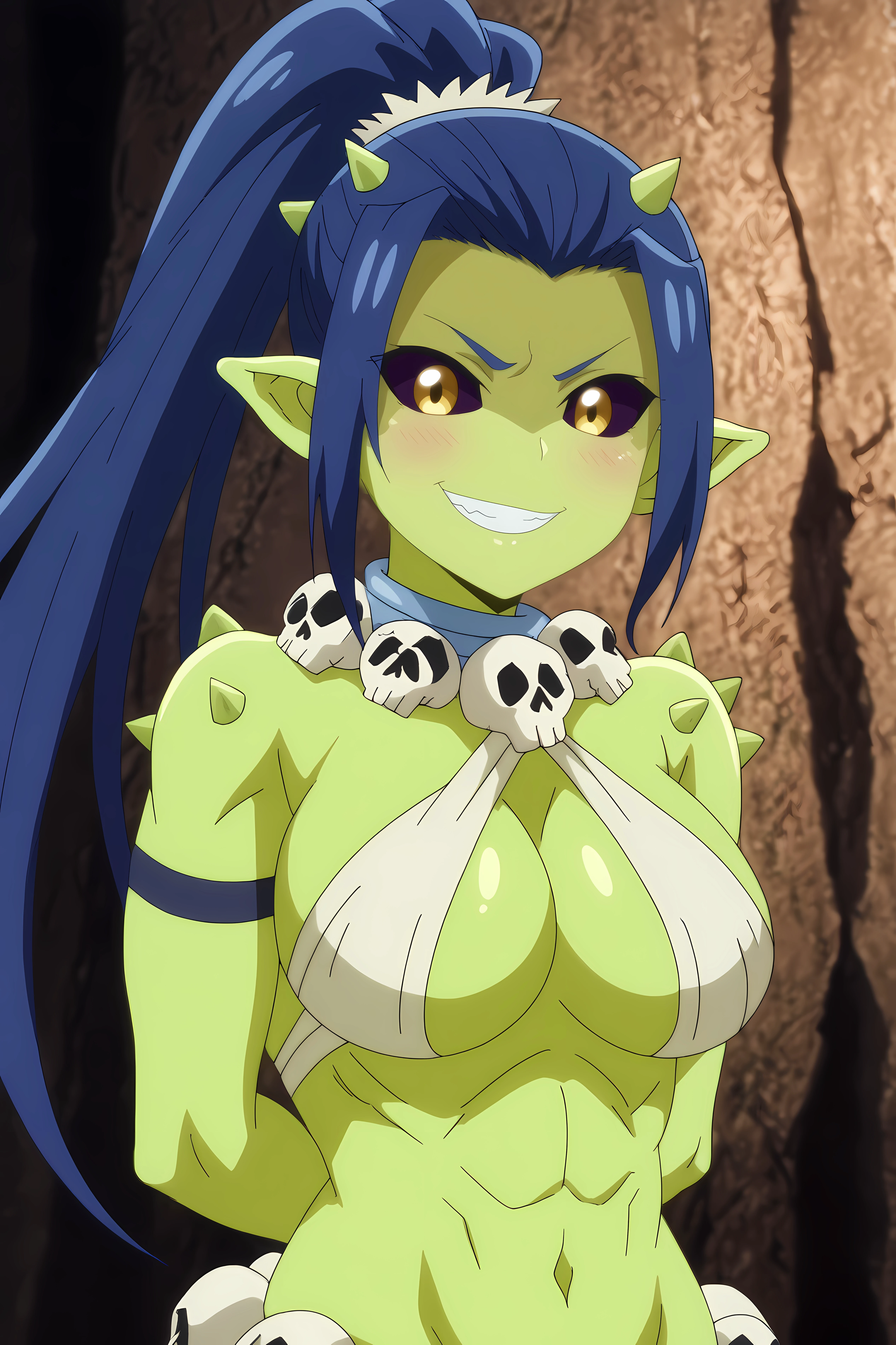 gobuko nggiell,1girl,solo,breasts,green skin,colored skin,large breasts,long hair,pointy ears,ponytail,colored sclera,spikes,skull,upper body,sharp_teeth,smile,arms behind the back,blush,happy

BREAK
indoors,cave,dark



<lora:Gobuko_Nggiell_-_Peter_Grill_to_Kenja_no_Jikan.safetensors:0.8>
<lora:detailed_backgrounds_v2.safetensors:0.5>