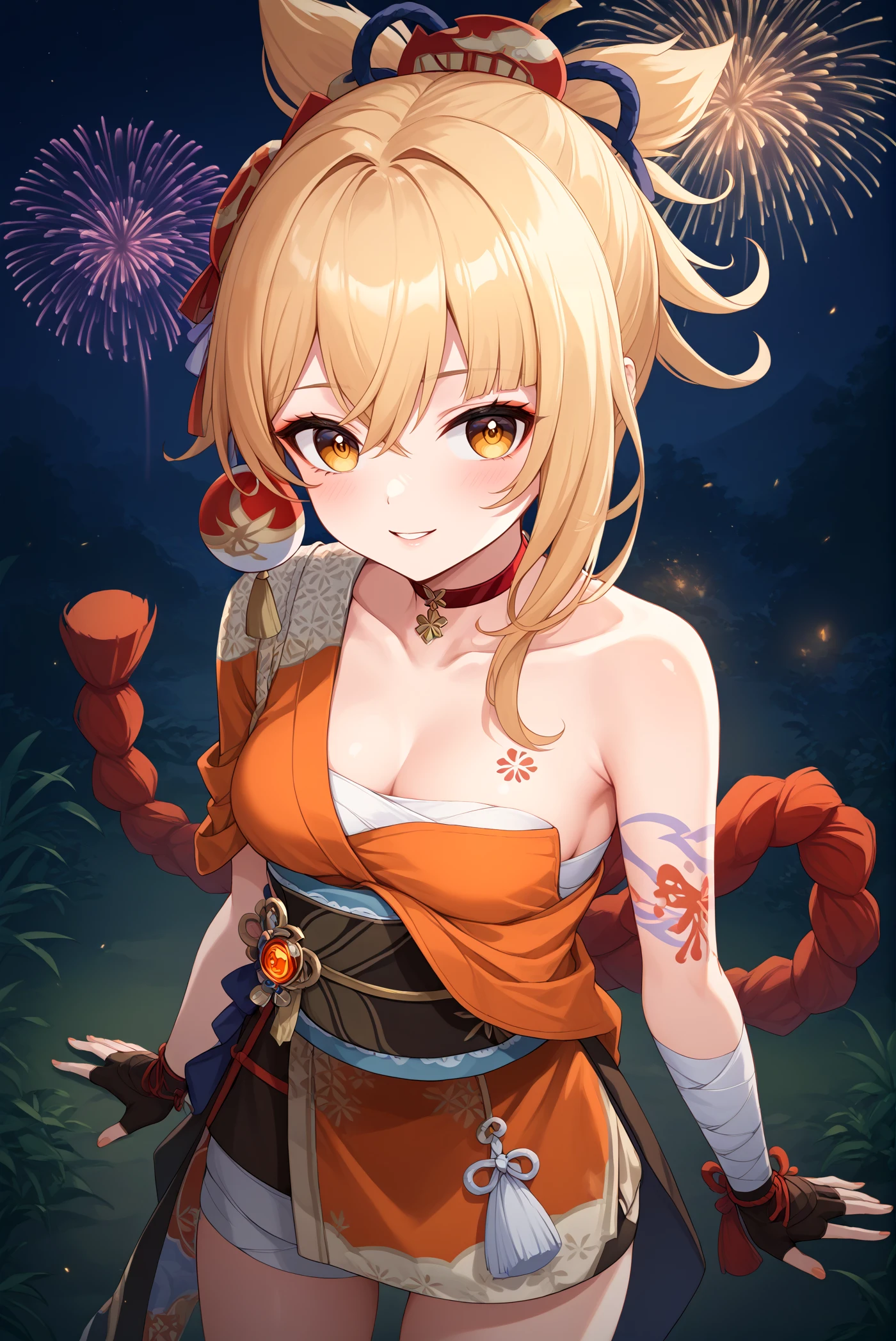 score_9, score_8_up, score_7_up, score_6_up,  
<lora:P-Yoimiya:1>, y01m1y4, 1girl, solo, tattoo, vision (genshin impact), arm tattoo, chest tatoo, blonde hair, hair ornament, yellow eyes, 
bandages, japanese clothes, sash, bandaged arm, fingerless gloves, obi, shimenawao, orange kimono, hadanugi, dousa, rope, red choker, thighs, 
small breasts, cleavage, seductive smile, parted lips, eyelashes, standing, thin body, skinny,  posing like a model, sexy, seductive pose, suggestive pose,
 forest background, night sky, fireworks,