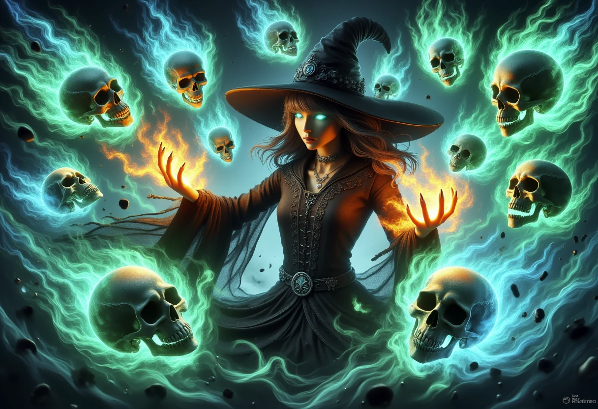 skelewitch, a witch, casting spell, with hands engulfed in fiery blaze, radiant glowing eyes, surrounded by swirling vortex of green and blue flame-formed skulls and skeletons, amidst ethereal aura, pulsing energy flow, and turbulent wind whispers