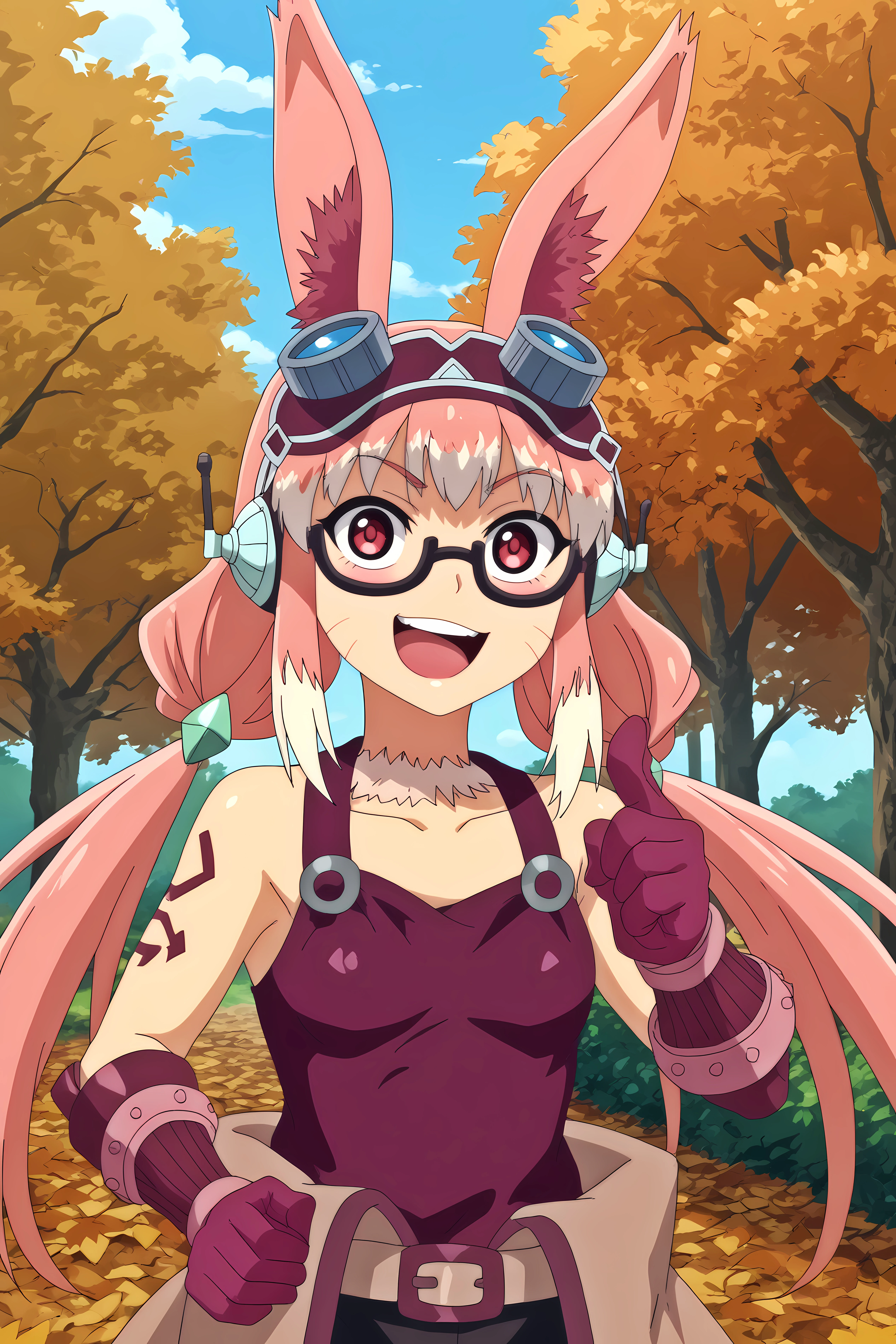 mithlim netherland,1girl,solo,animal ears,gloves,googles,pink hair,rabbit ears,long hair,glasses,twintails,open mouth,smile,from_side,upper body,thumbs_up


BREAK
outdoors,autumn_leaves, sunset,orange_background, tree,autumn



<lora:Mithlim_Netherland_-_Peter_Grill_to_Kenja_no_Jikan.safetensors:0.8>
<lora:detailed_backgrounds_v2.safetensors:0.5>


