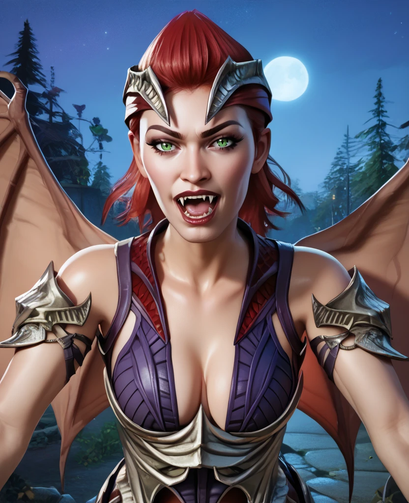 score_9,score_8_up,score_7_up,score_6_up,score_5_up,score_4_up,
nitaramk1xl,red hair,green eyes,demon wings,looking at viewer, open mouth,  vampire teeth,
silver armor,cleavage,tiara,purple attire,looking at viewer,
night,forest,
<lora:NitaraMK1XL-CVf:0.9>,