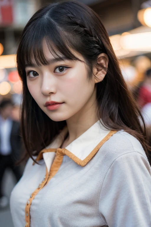 masterpiece, best quality, ultra-detailed, ultra high res, (photorealistic:1.4), raw photo, (realistic:0.2), 8k HDR, realistic cool temperature lighting, (asian:0.2), 1girl, solo, asymmetrical hair, outdoor, (traditional market:1.2), bokeh, (detailed lips), (detailed pores), (detailed skin textures), (detailed face:1.2), (upper body:1.2), a woman in a white collared shirt, promotional image, a character portrait,