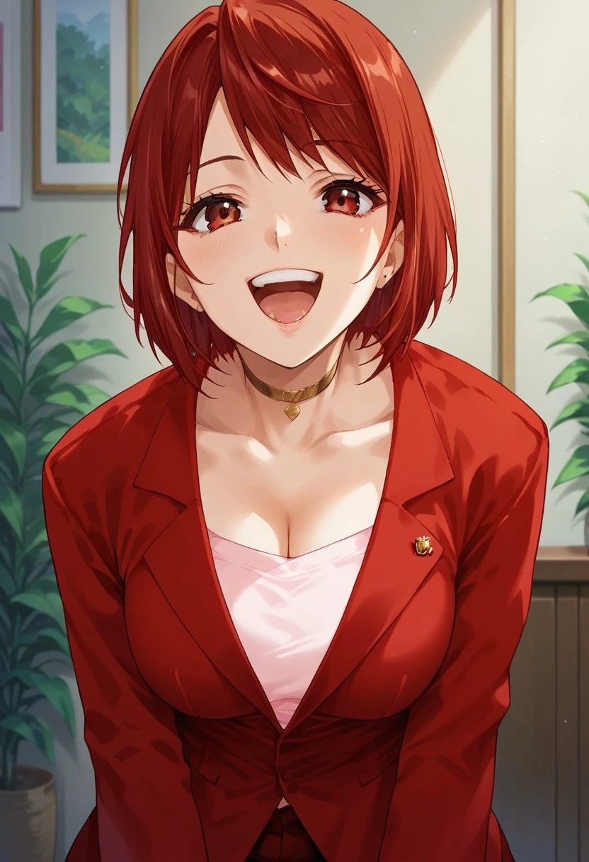 score_9, score_8_up, score_7_up, source_anime,red hair,short hair,red eyes, , indoors, 1girl, solo,looking at viewer, happy, nighttime,red suit jacket,pink shirt,red suit miniskirt,choker,