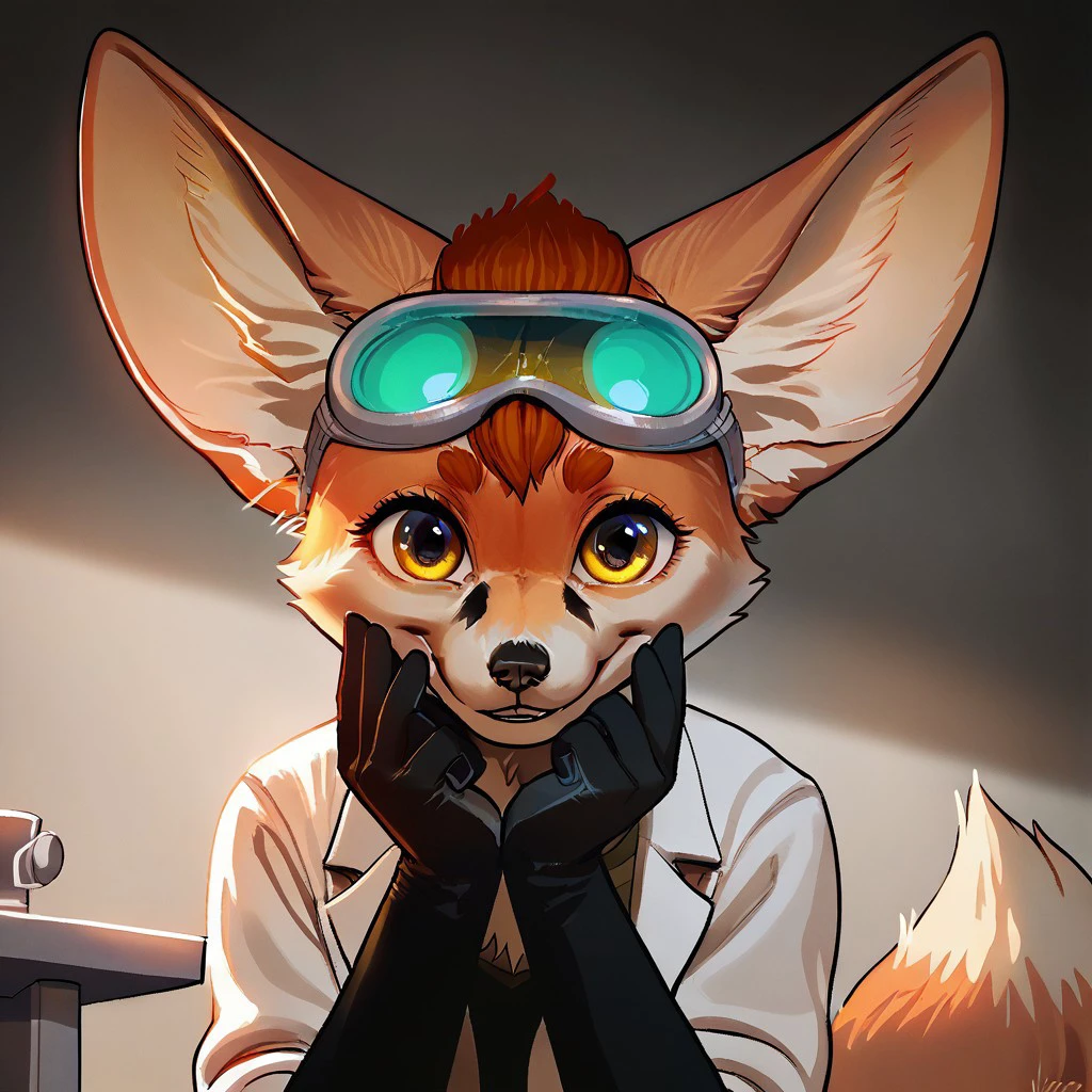 score_9, score_8_up, score_8, score_7, source_cartoon, source_furry, high quality, detailed, 
Fennec fox, Fennec, fox, anthro, female furry, 1girl, orange and white fur, short hair, red hair, fluffy tail, lab coat, safety goggles, black elbow gloves, arms folded,  happy expression, soft smile, looking at viewer,