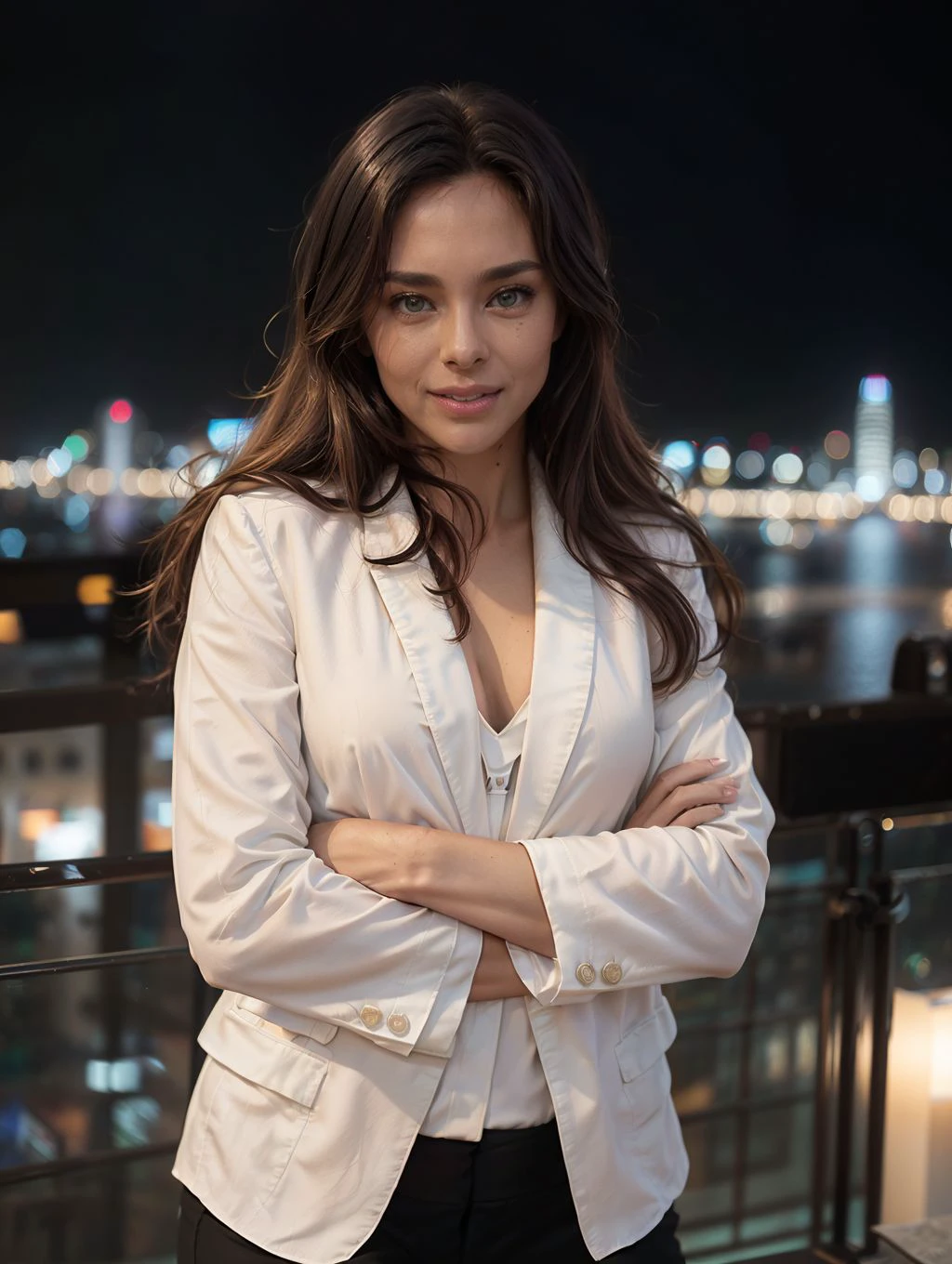 <lora:PE_MarineLorphelin_v3:1> ma8lo, Nikon RAW photo,8 k, Fujifilm XT3,masterpiece, best quality, realistic, photorealistic, ultra detailed, 1girl, solo,
close up portrait,
light smile, (black blazer:1.3), (white blouse:1.3), standing against a city skyline at night