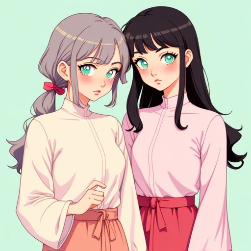 high-collared outfit with a pale pink blouse that features a high neckline and long, adorned with a pink hair tie. She has a slender, somewhat melancholic expression and is looking down., detailed digital drawing in a stylized anime art style. It features two women standing close together, expressive blue-green eyes with long, high cheekbones, digitally illustrated drawing in a stylized anime art style. The subject is a young woman with a fair skin tone and striking green eyes, This is a vibrant digital drawing in a stylized anime-inspired art style. The subject is a young woman with fair skin and striking