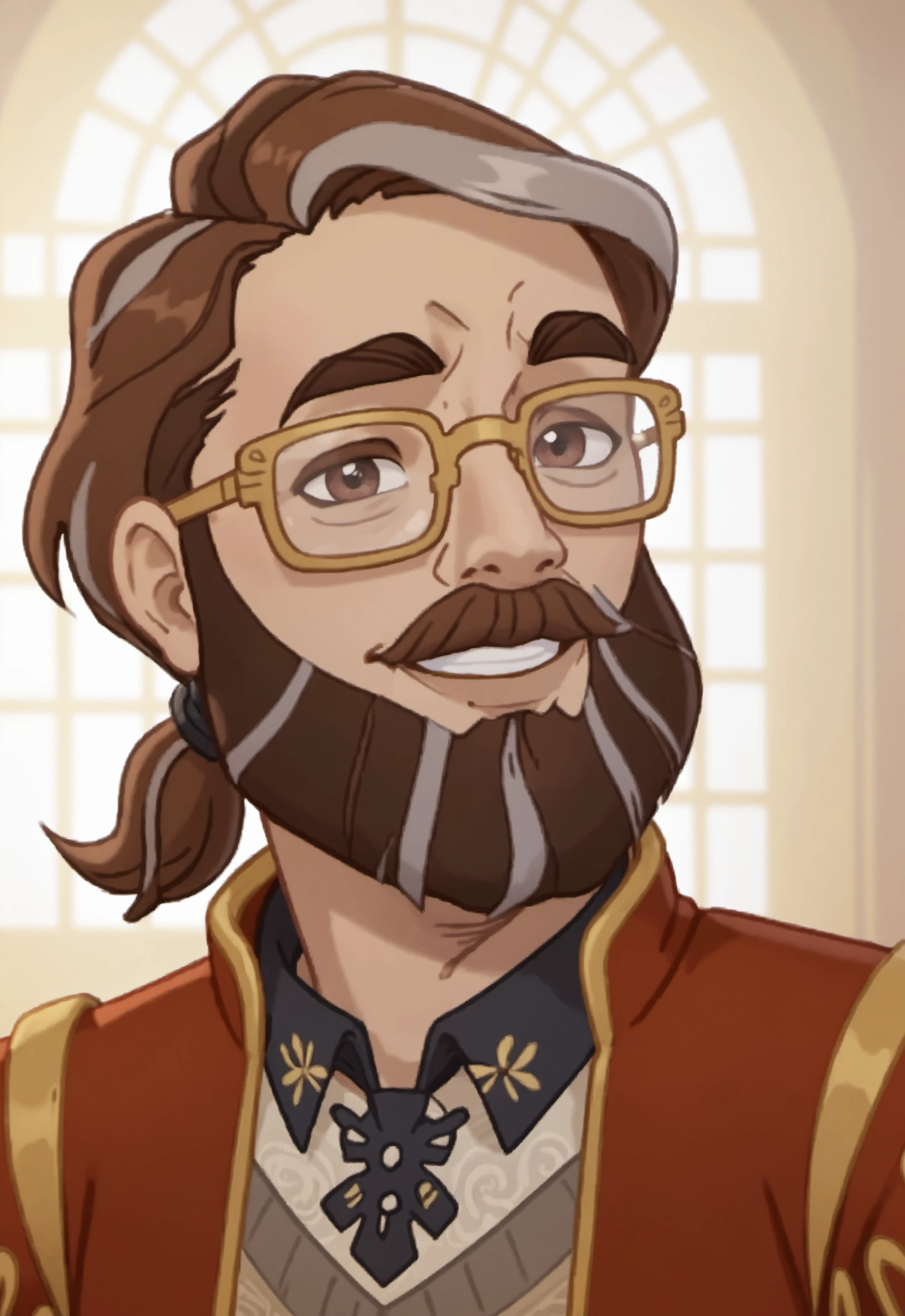 safe_pos, safe_pos, score_9, score_8_up, score_7_up, rating_nsfw, ultra hd, absurdres, solo, 1boy, masterpiece, best quality, best aesthetic, male focus, erotic, mature male, Expressiveh, wolfconf,
EAHPiedPier, facial hair, beard, brown hair with ponytail, multicolored hair, glasses, red coat, shirt with design, (portrait), headshot, looking at viewer, smiling, great lighting
