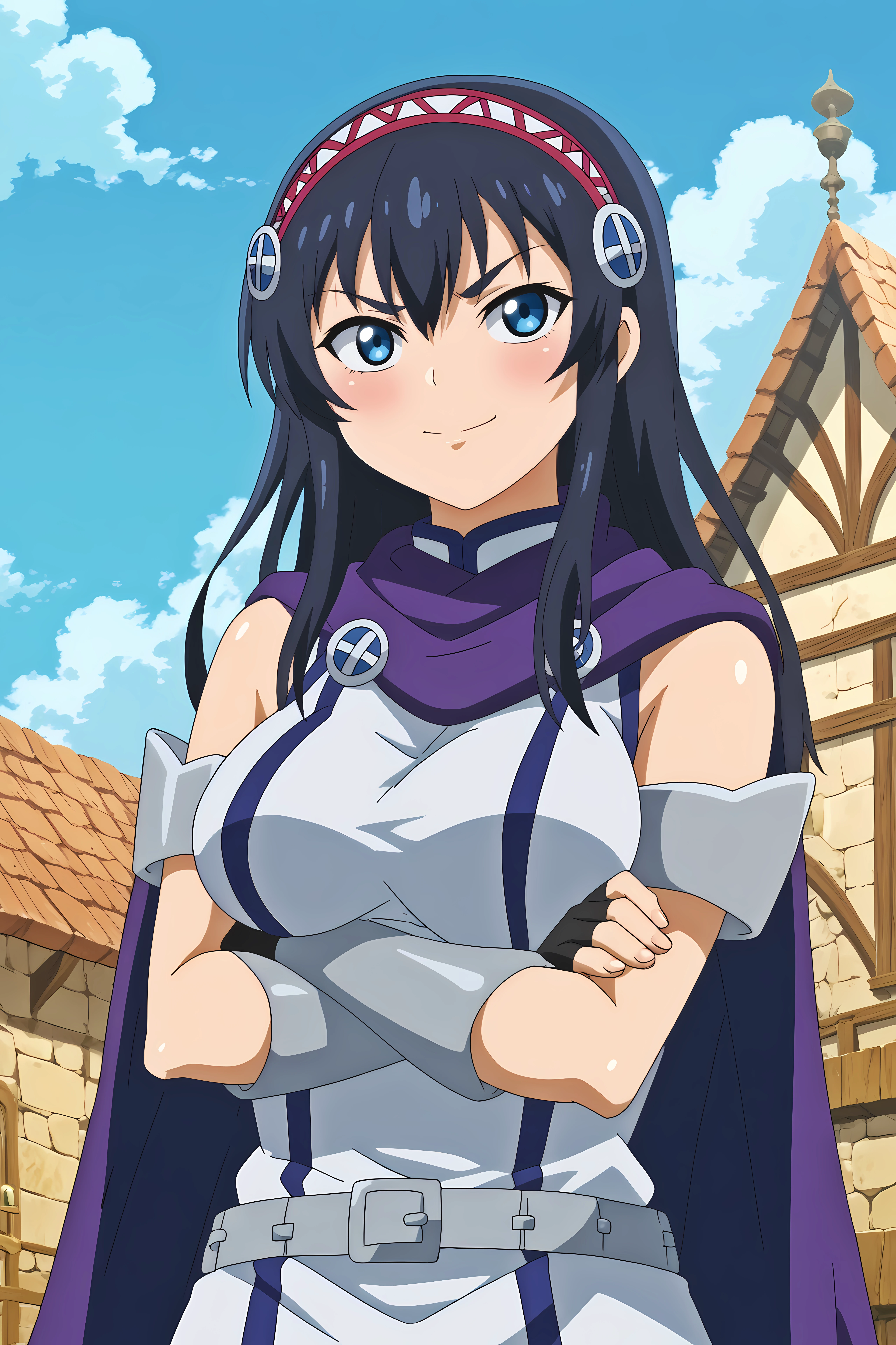 luvelia sanctos,1girl,solo,long hair,gloves,zettai ryouiki,hairband,breasts,large breasts,smile,cape,fingerless gloves,upper body,crossed arms,smirk

outdoors,old village,medieval village,blue sky,cloudy sky



<lora:Luvelia_Sanctos_-_Peter_Grill_to_Kenja_no_Jikan.safetensors:0.8>
<lora:detailed_backgrounds_v2.safetensors:0.5>