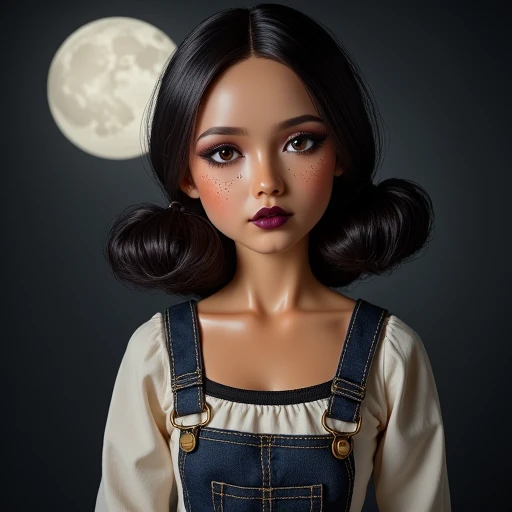 doll, simple background, freckles, long sleeves, suspenders, realistic, full moon, photo inset, lipstick