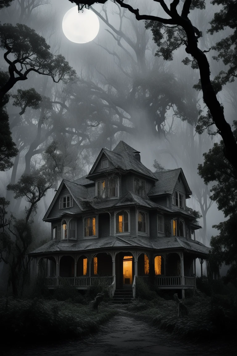 A spooky, old Victorian-style haunted house stands alone in a dark, eerie landscape. The house has pointed gables, broken windows, and a collapsing, crooked roof. Dim moonlight illuminates the scene, casting shadows around twisted, leafless trees. Mist curls around the base of the house, and a cracked, overgrown path leads up to the front door, enhancing the unsettling, mysterious atmosphere