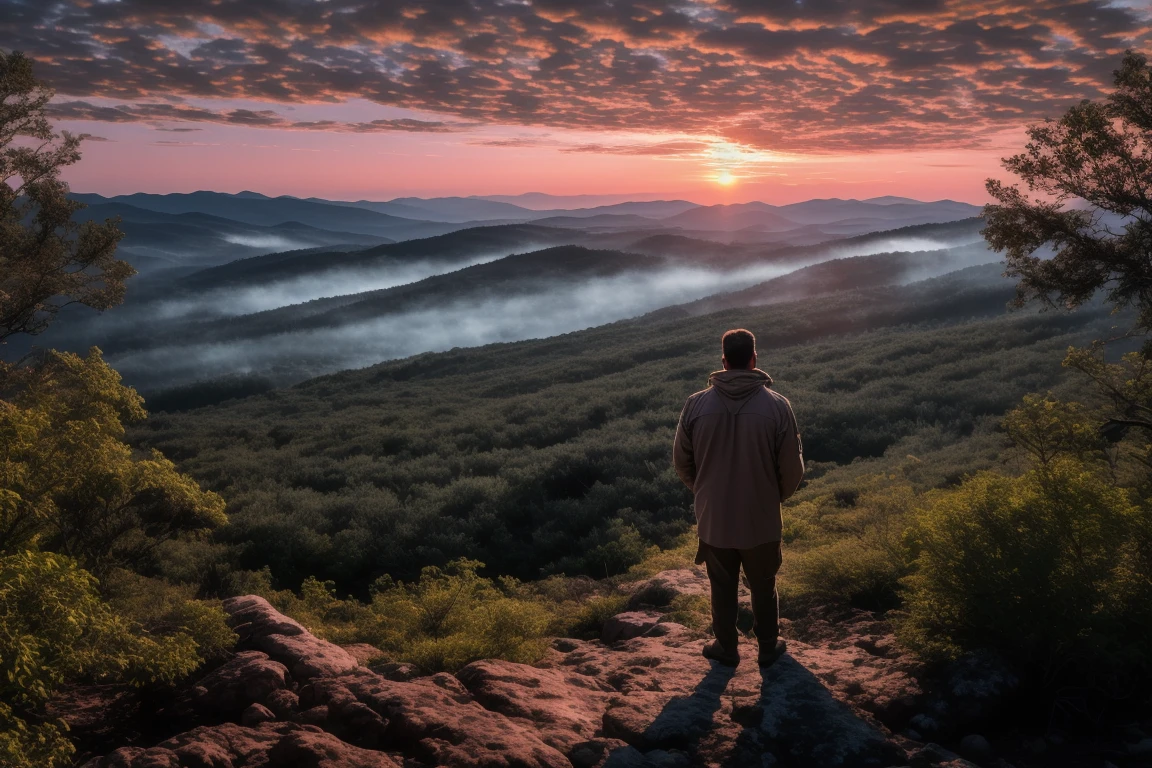 A rugged man stands atop a forested mountain at sunset, gripping a shotgun firmly. His face is set in a fierce scowl, his eyes narrowed with intense determination. The golden light of the setting sun casts a dramatic glow over the dense trees and rocky landscape around him. Dressed in rugged, weathered clothing, he looks out over the vast, sprawling forest below, the sky painted with warm hues of orange, pink, and purple. The atmosphere is tense yet serene, with a powerful, solitary energy radiating from the scene.