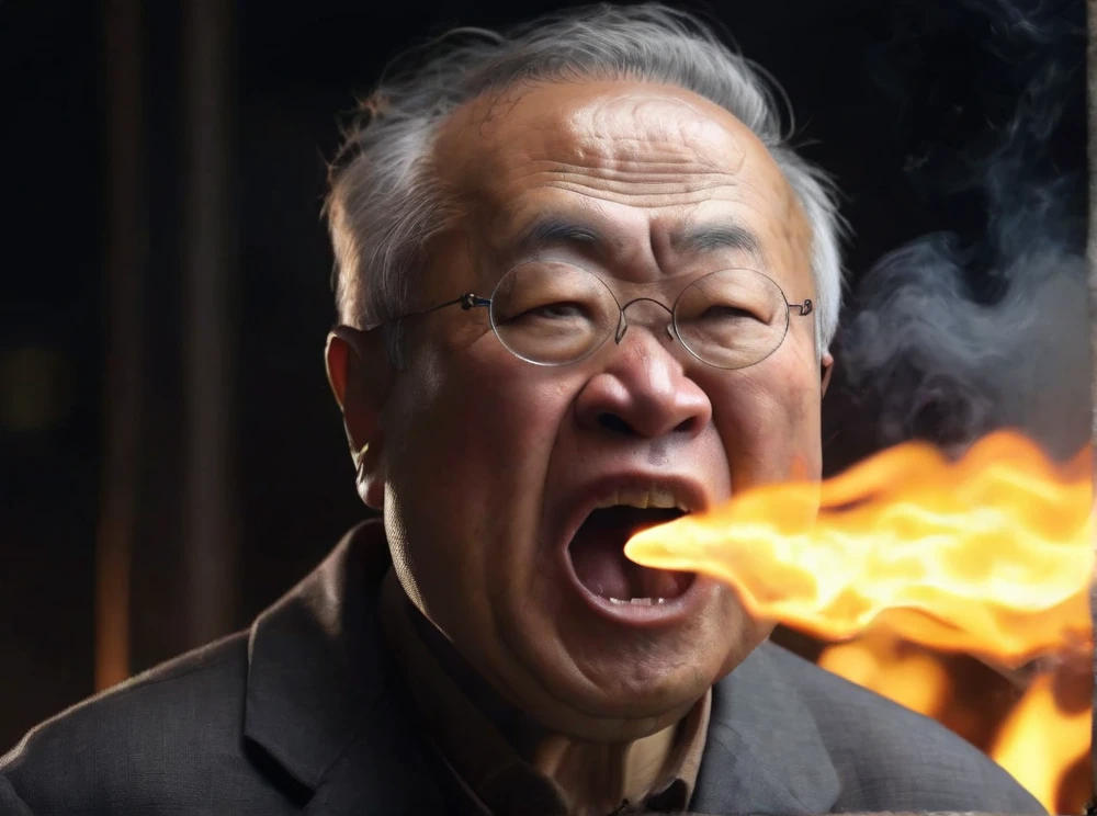 <lyco:Arita_Ioshif:1.0>, highly detailed professional 8k raw photography, best hyperrealistic quality backgrounds, volumetric real-time lighting and shadows, Asian, old man, gray hair, angry, an old man, (AritaIosif), open mouth, breathing fire from mouth, city