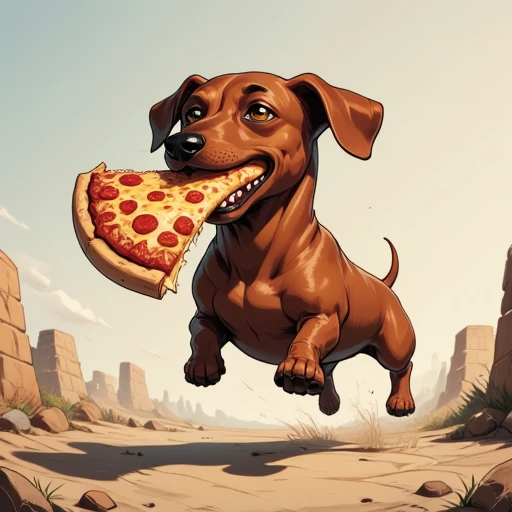 Digital ilustration in style of PaintedComicstyleV1 of a dachshund running away with a big slice of pizza in his mouth