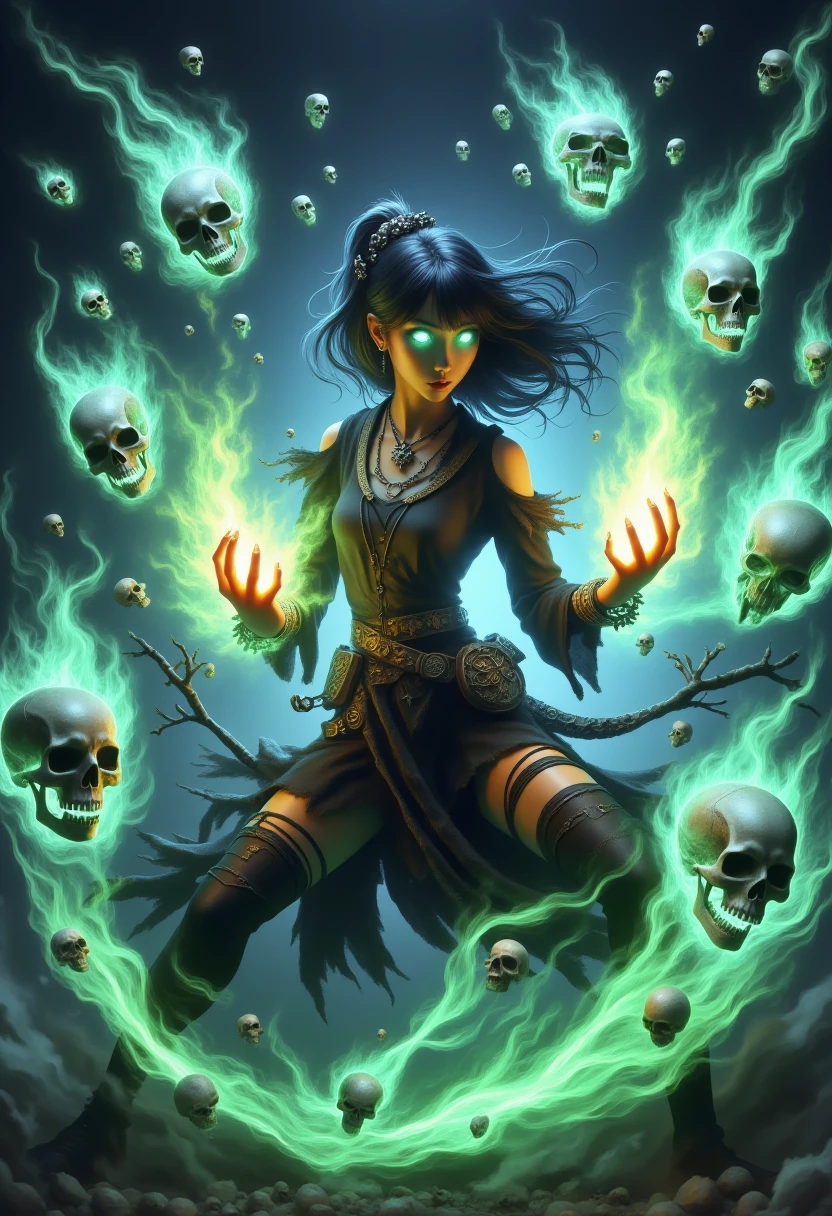 skelewitch, a asian girl, fighting pose, casting spell, with hands on fire, glowing eyes, skulls and skeletons made of green and blue flame flying surround the person, aura, energy flow, wind,