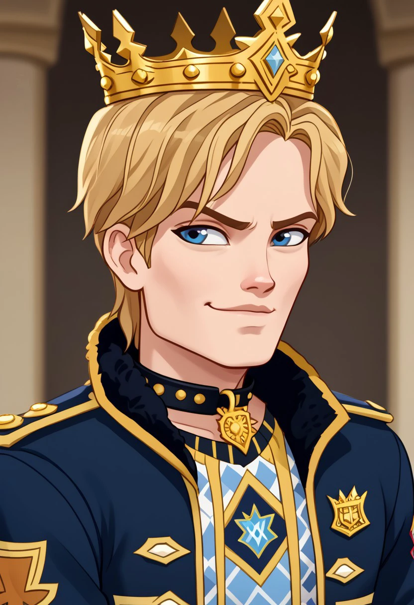 Daring Charming, blue eyes, blonde hair, male, muscular, Jacket, crown, fluffed collar, portrait, smug smirk