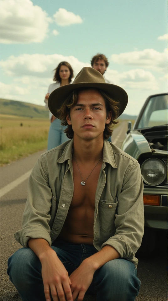 a young man, working on broken down car, on the side of the road in the middle of Wyoming, his hands and face are dirty, smoke is rising from the engine compartment, an exasperated woman is standing nearby holding a baby, the man looks at the viewer in exasperation