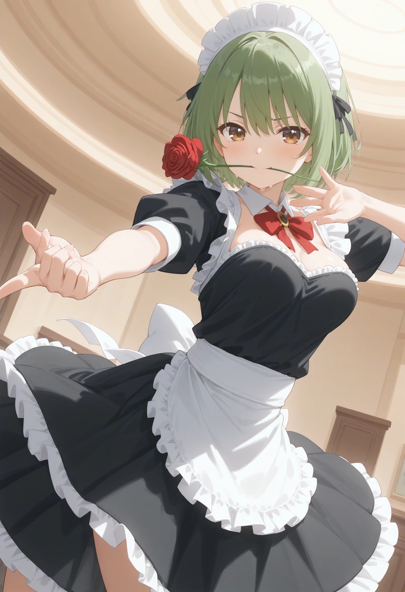 1girl,(sho \(sho lwlw\):0.7),(toosaka asagi:0.5),(sincos:0.3),solo,
masterpiece,best quality,absurdres,detailed skin,anime colored,anime screencap,official art,
maid, maid headdress,medium breasts,
rose in mouth, mouth hold, flower in mouth, red rose, dancing, dynamic pose, <lora:roseinmouth_Illust_v1:0.8>
dutch angle, panorama shot, looking ahead, green hair, brown eyes,kubrick stare, New York city, low ponytail hair,