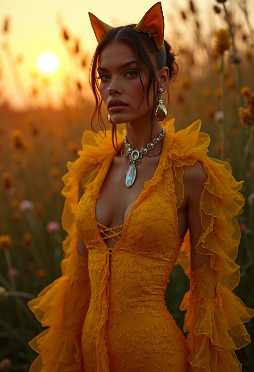 <lora:dvr-plunge-halterneck-01:1> cat woman in a leather dvr-plunge-halterneck-01, Fashion photography of a (supermodel:1.2) , ð, he is dressed in fashion outfit, his fashion outfit is Yellow and has Baroque details on it, flora in background, at Sunset, art by Nick Knight, High Shutter Speed, Cinestill 50, atmospheric perspective, horror, complex, flowing, highly decorated, magical composition, cinematic, highly contrasted